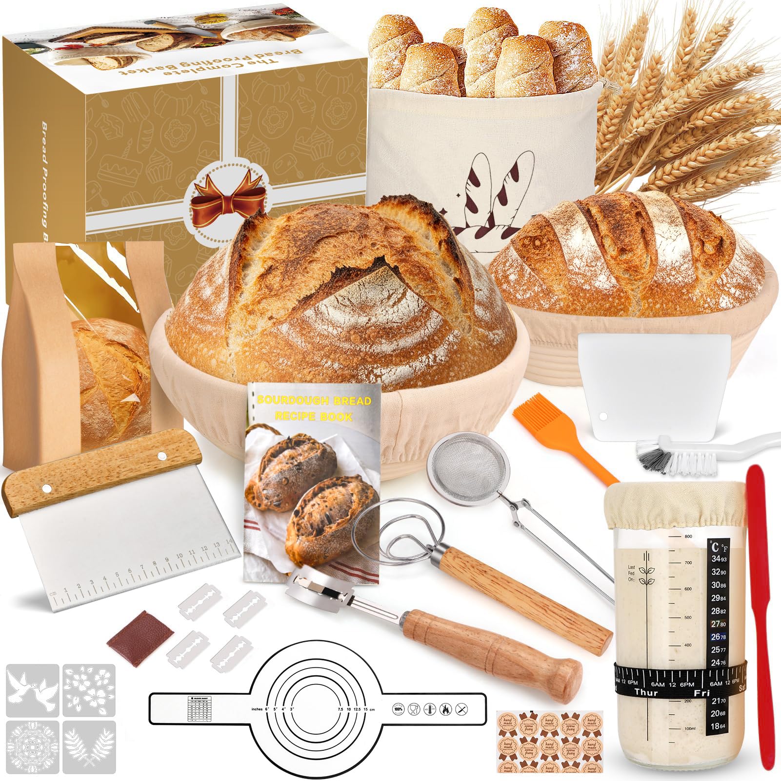 Gärkörbchen Set mit 2 Natürliches Rattan Gärkorb(23cm Runde & 25cm Ovale),Sauerteig Starter Set,Komplettes Brot Backen Zubehör für Anfänger und Erfahrene