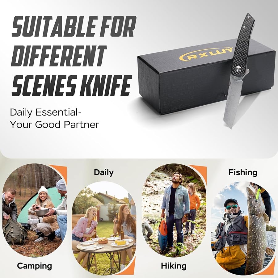 RXLUY Folding Pocket Knife, 2.79” 14C28N Steel Blade Carbon Fibre Handle Flipper Liner Lock Small Praxis EDC Folding Knife, Sharp Camping Outdoor Survival Knives for Men Women (Black) - image 7