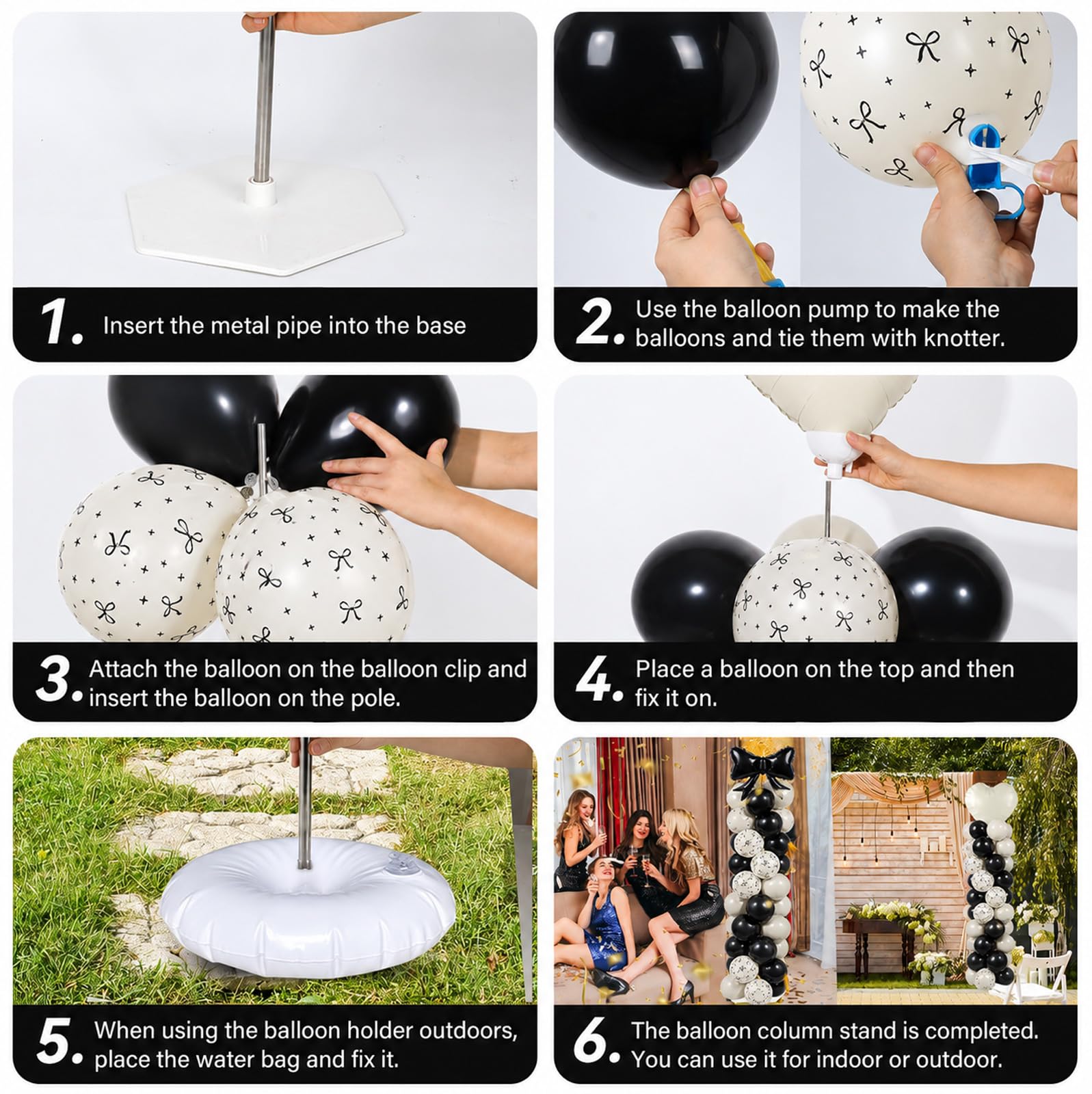 Palloncino a forma di cuore bianco a forma di racchetta con fiocco nero, decorazione con supporto