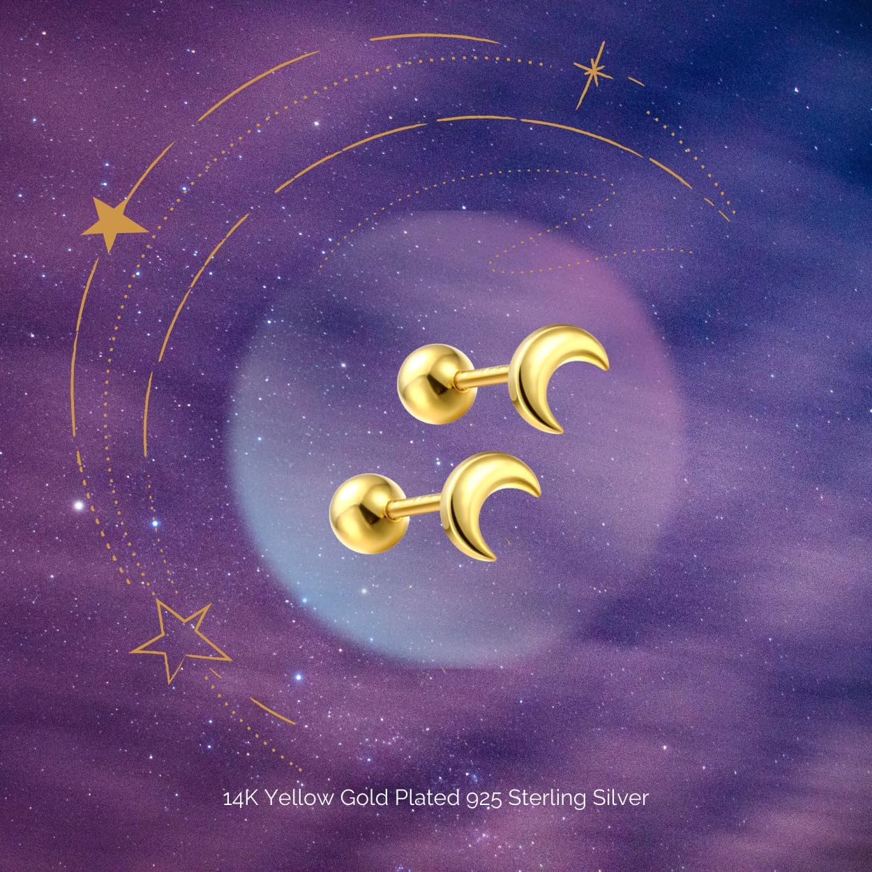 COSMO CARAT 14K Gold Plated Nap Earrings 925 Sterling Silver Star Moon CZ Stud Earrings Screw Back Hypoallergenic Celestial Tiny Cartilage Helix Second Piercing Earrings For Women