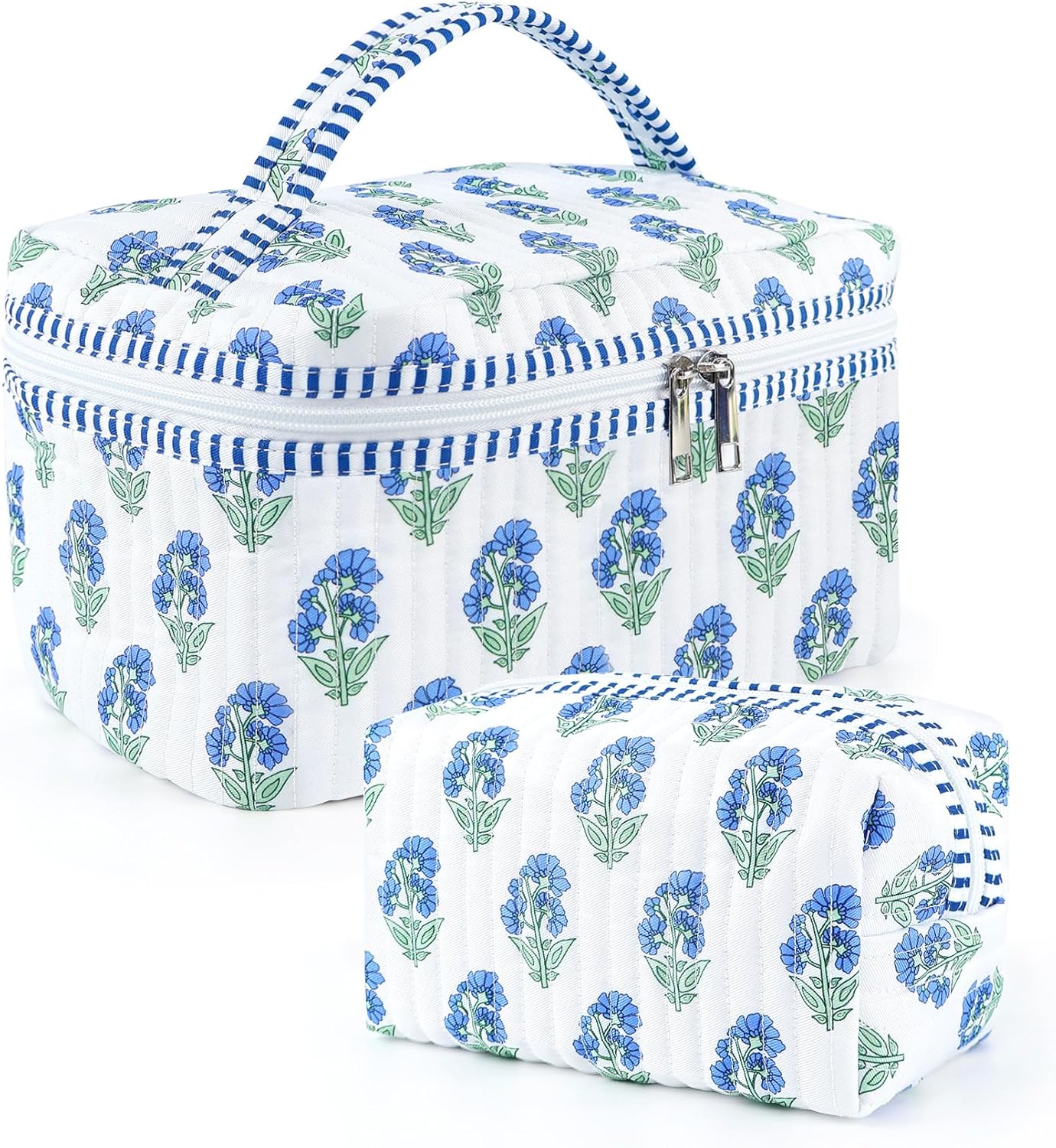 2 Pcs Quilted Makeup Bag Set, Floral Boho Toiletry Bag Travel Essentials Gifts for Women Girls, Cute Flower Cosmetic Organizer Pouch Make Up Bags for Travel Bachelorette Party Favors (Blue - White)