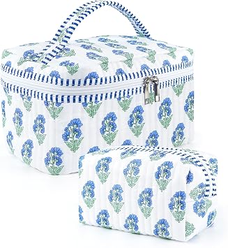 2 Pcs Quilted Makeup Bag Set, Floral Travel Cosmetic Bags for Women Girls