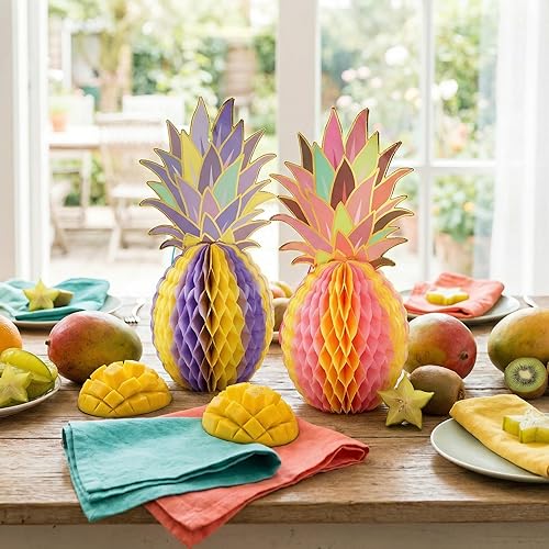 Miniatura 7 de Hiceeden Paquete de 12 centros de mesa de fiesta de piña, decoración colgante de panal de piña tropical, decoraciones de mesa hawaianas para fiesta