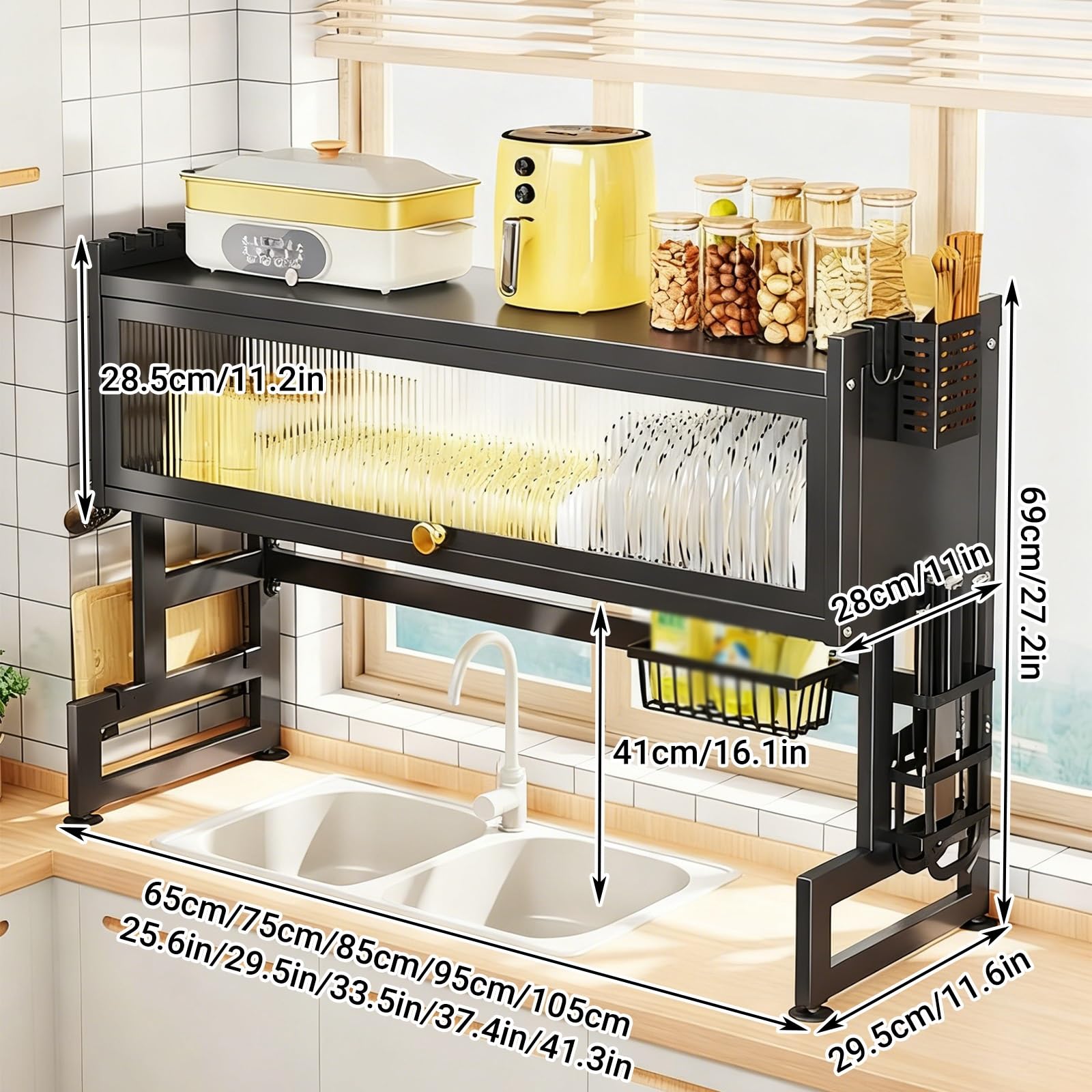 Escurridor de platos sobre el fregadero, organizador grande de encimera de cocina con cubierta y soportes para utensilios, para platos, vasos, cuencos, cubiertos