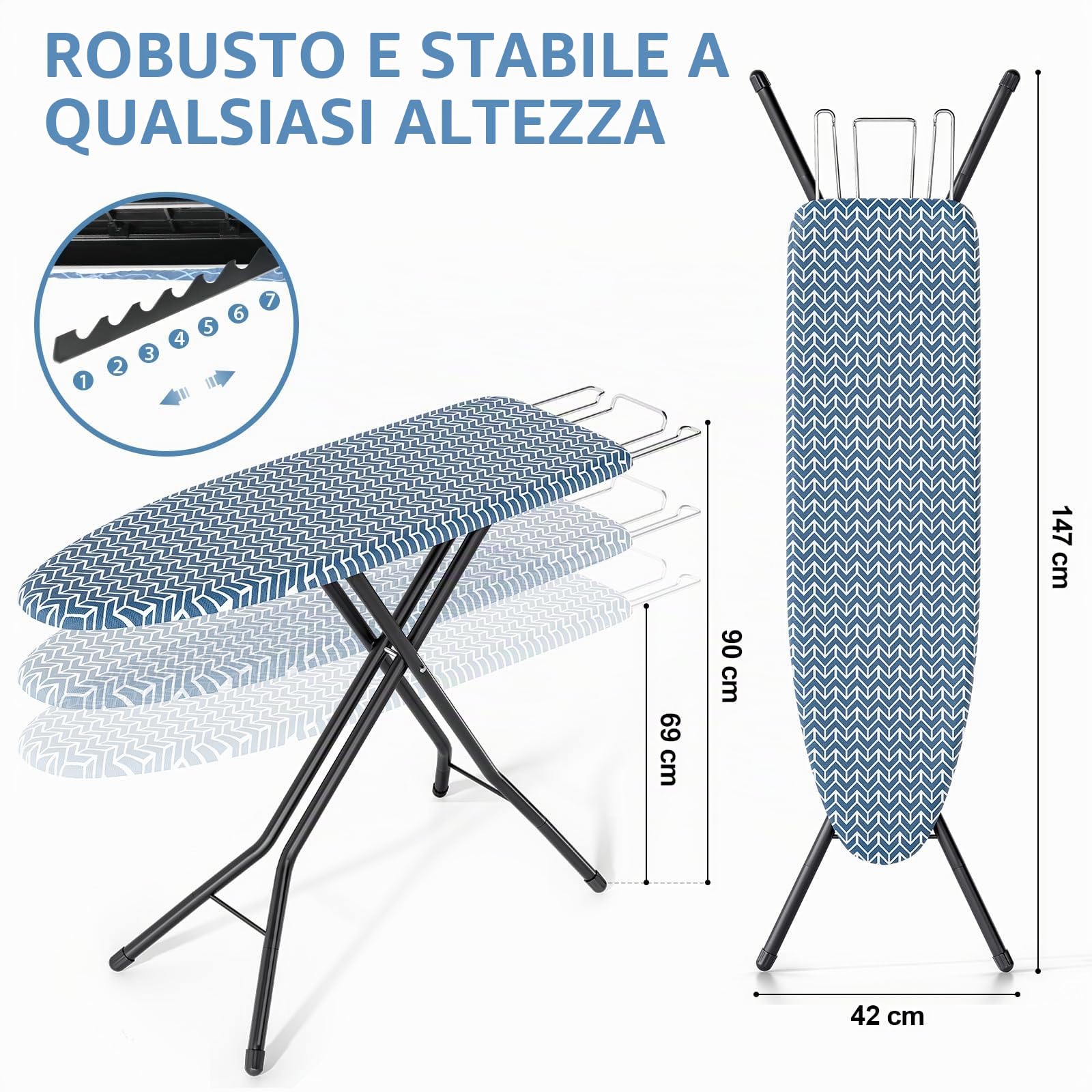 KINGRACK Asse da stiro pieghevole con ripiano, asse da stiro con funzione regolabile in altezza, stabile supporto con rivestimento extra spesso e gambe metalliche, 33 x 110 cm, Blu