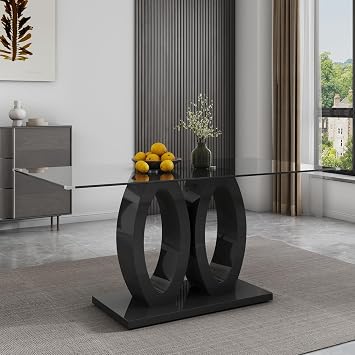 63" Glass Dining Table, Rectangular Kitchen Table with Tempered Glass Tabletop and Black O-Shaped MDF Base, Modern Dining Room Table for Kithchen, Living Room