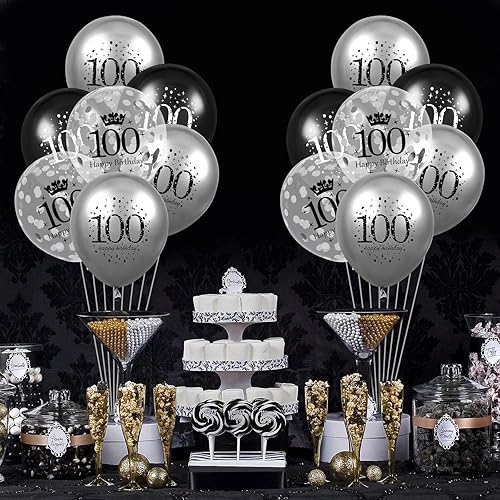 Miniatura 5 de Globos decorativos de 100 cumpleaños, 15 unidades, color plateado y negro, globos de látex de confeti para fiesta de cumpleaños número 100