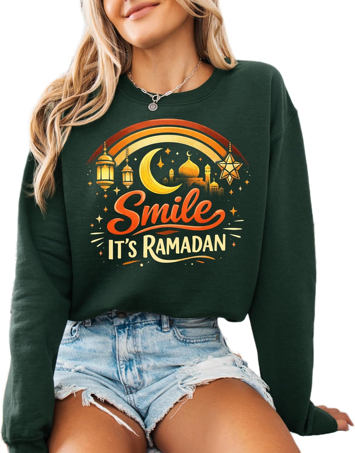 Smile It's Ramadan Graphic Sweatshirt in Forest Green – Ramadan-Inspired Design with Crescent, Lanterns, and Mosque