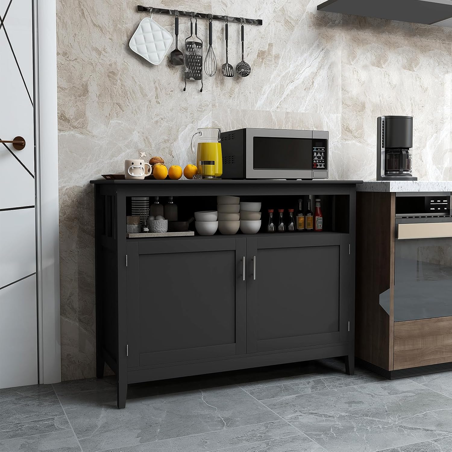 Buffet Cabinet, Modern Sideboard with Doors & Adjustable Shelves, Credenza Storage Cabinet, Wood Buffets & Sideboards, Coffee Bar Table for Kitchen, Dining Living Room, Entryway (Black)