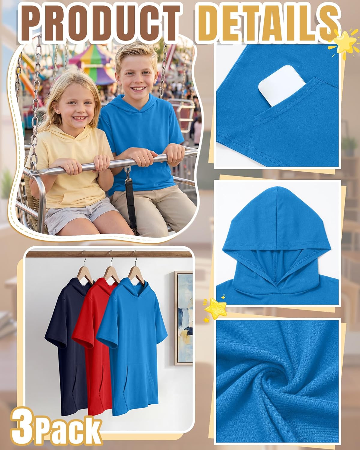 Halfchet 3 Pack Boys Short Sleeve Hoodies Kids Loose Lightweight Sweatshirts Casual Active Athletic Pullovers with Pocket