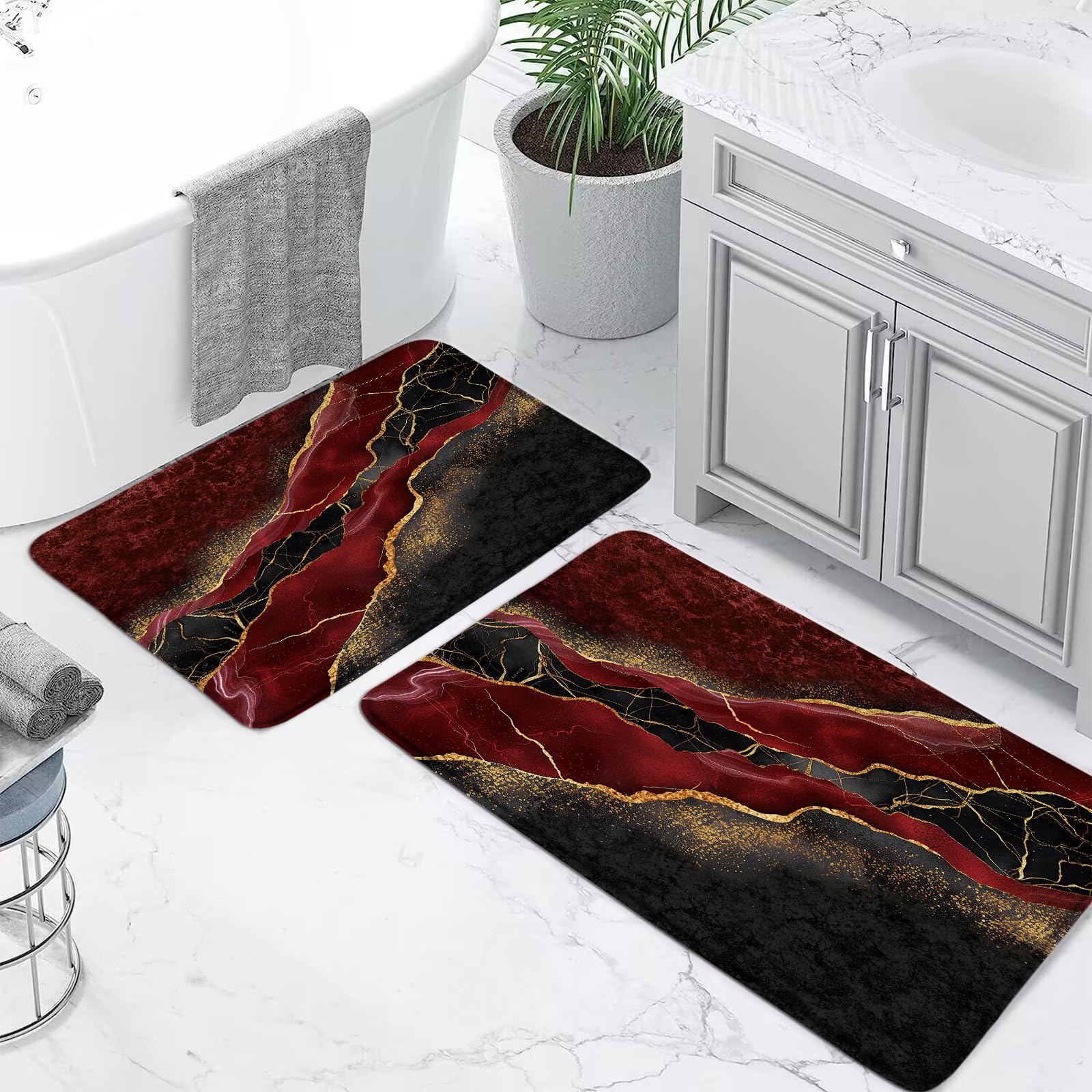 ZKJSMGS Red Marble Bath Mat Abstract Burgundy Maroon Marble Gold Veins Texture Crack Ink Luxury Geomerric Creative Bath Rugs for Bathroom Kitchen,17.8x29.5+16x48 Inch