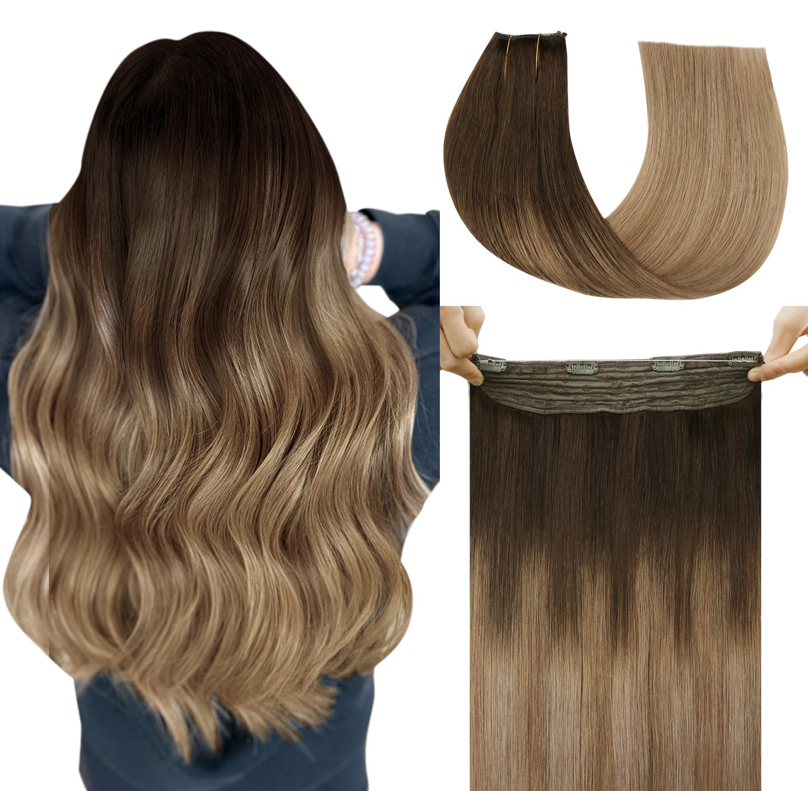 SAFIRENY Wire Hair Extensions Real Human Hair, 16inch Dark Brown to Dirty Blonde 70g Invisible Wire Hair Straight, Invisible Fish Line Hair Extensions