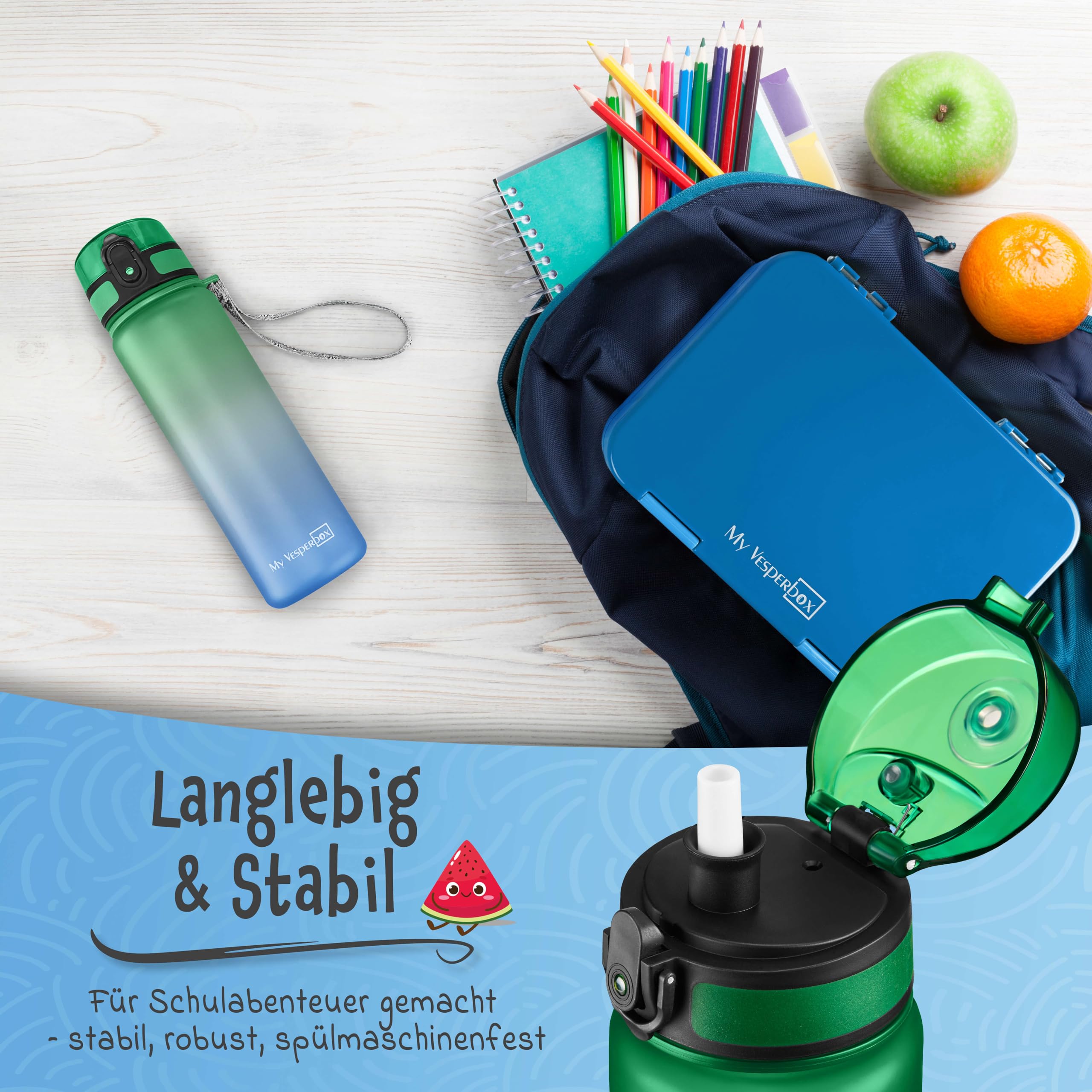 My Vesperbox® Butelka na wodę dla dzieci – szczelna butelka na napoje gazowane – Water Bottle Kids – do szkoły i na sport – butelka dla dziewczynek i chłopców