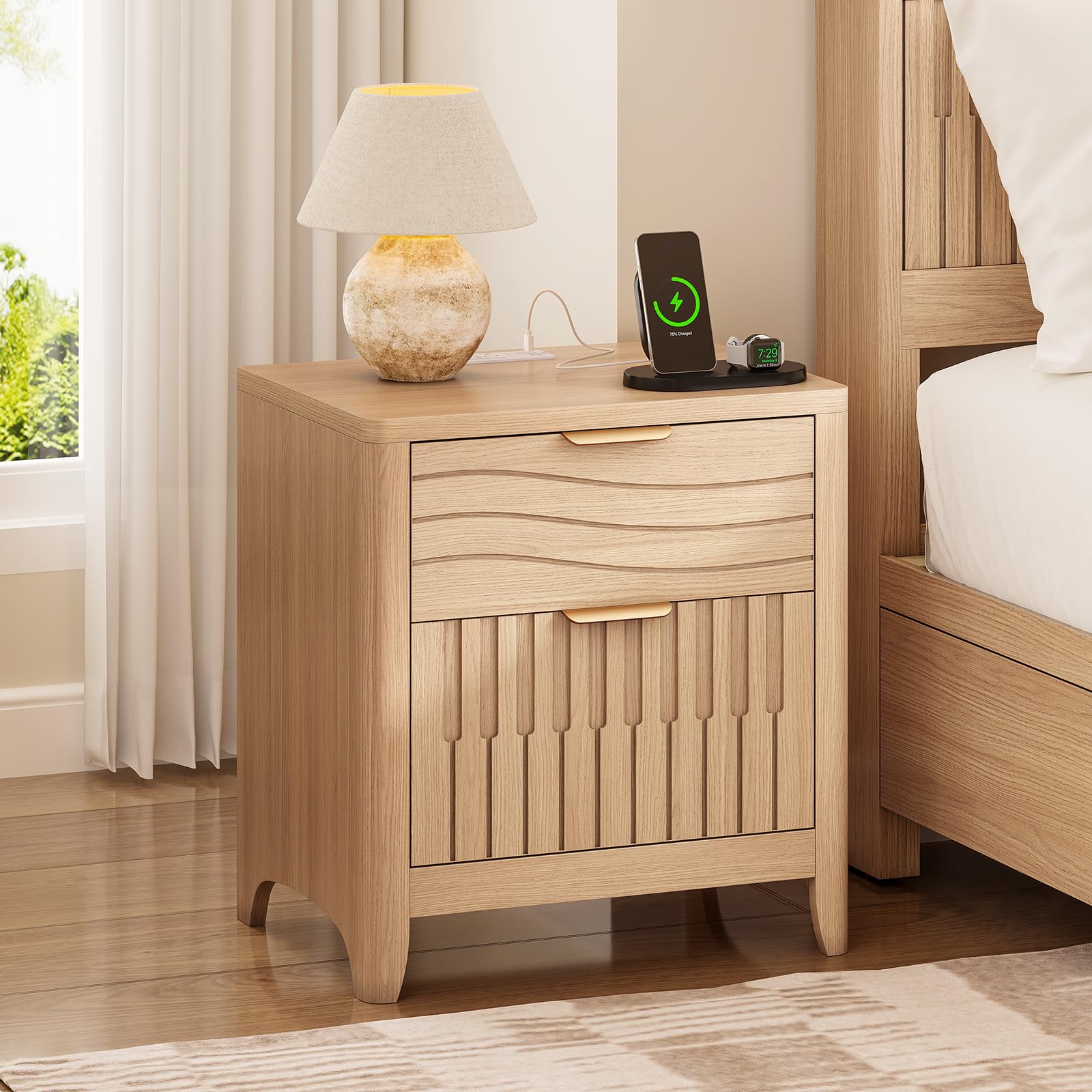 Fluted Nightstand with Charging Station, Modern Bedside Table with 2 Storage Drawers, Curved Corner & Metal Handle, Mid Century Night Stand End Side Table for Bedroom Living Room, Natural Oak