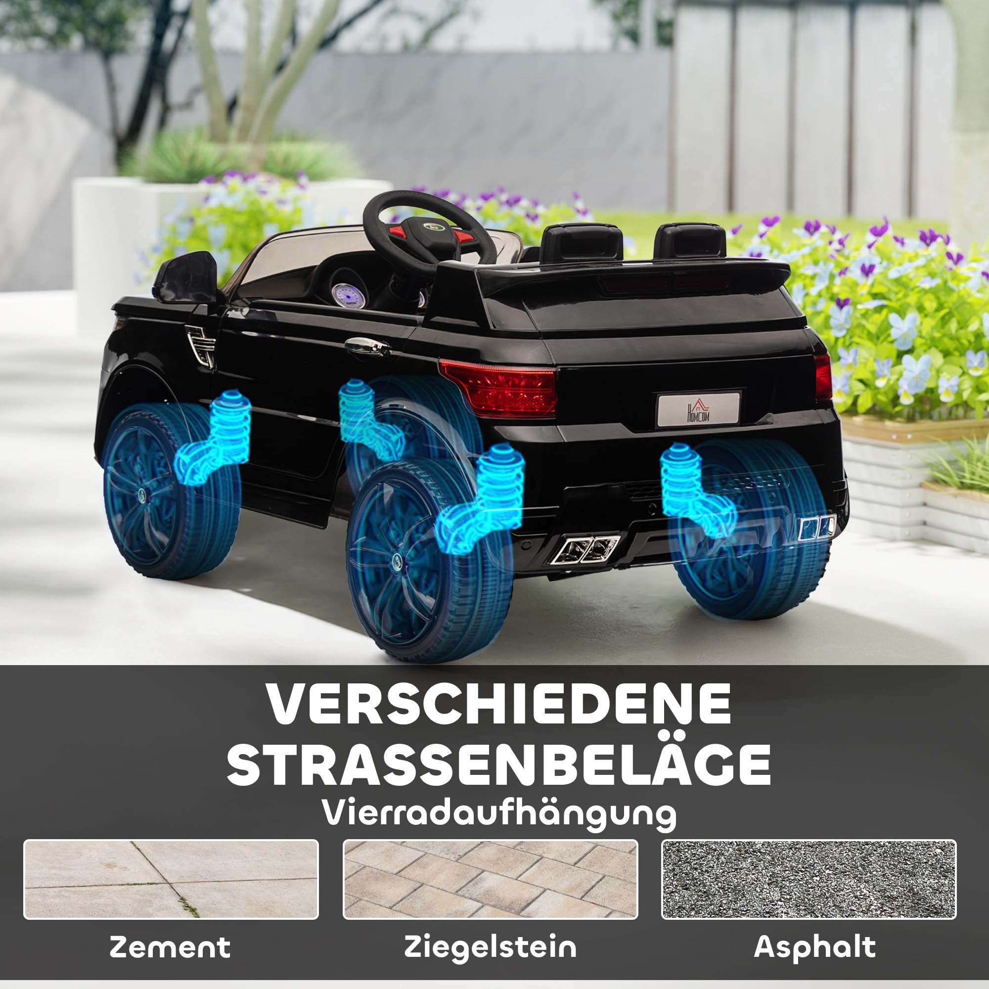 HOMCOM Kinder Elektroauto 12V mit 2,4 GHz Fernbedienung 2 Motor Schwarz | Kinderauto, Kinderfahrzeug mit Sanftstart, Hupe, Scheinwerfer, Elektrofahrzeug 5 km/h, für 3-5 Jahre Kinder