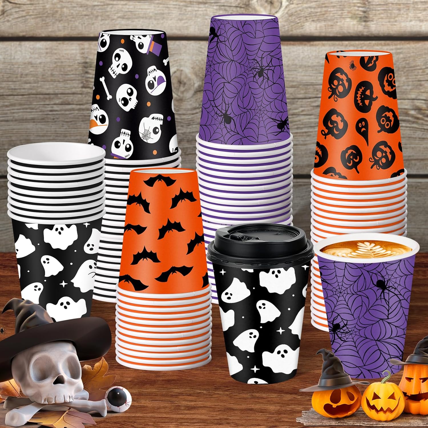 100 Set Halloween Disposable Coffee Cups with Lids 12oz, Bulk Black Orange Pumpkin Ghost Bat Disposable Party Paper Cups for Hot Chocolate Cold Drinks Halloween Birthday Party Supplies Decorations