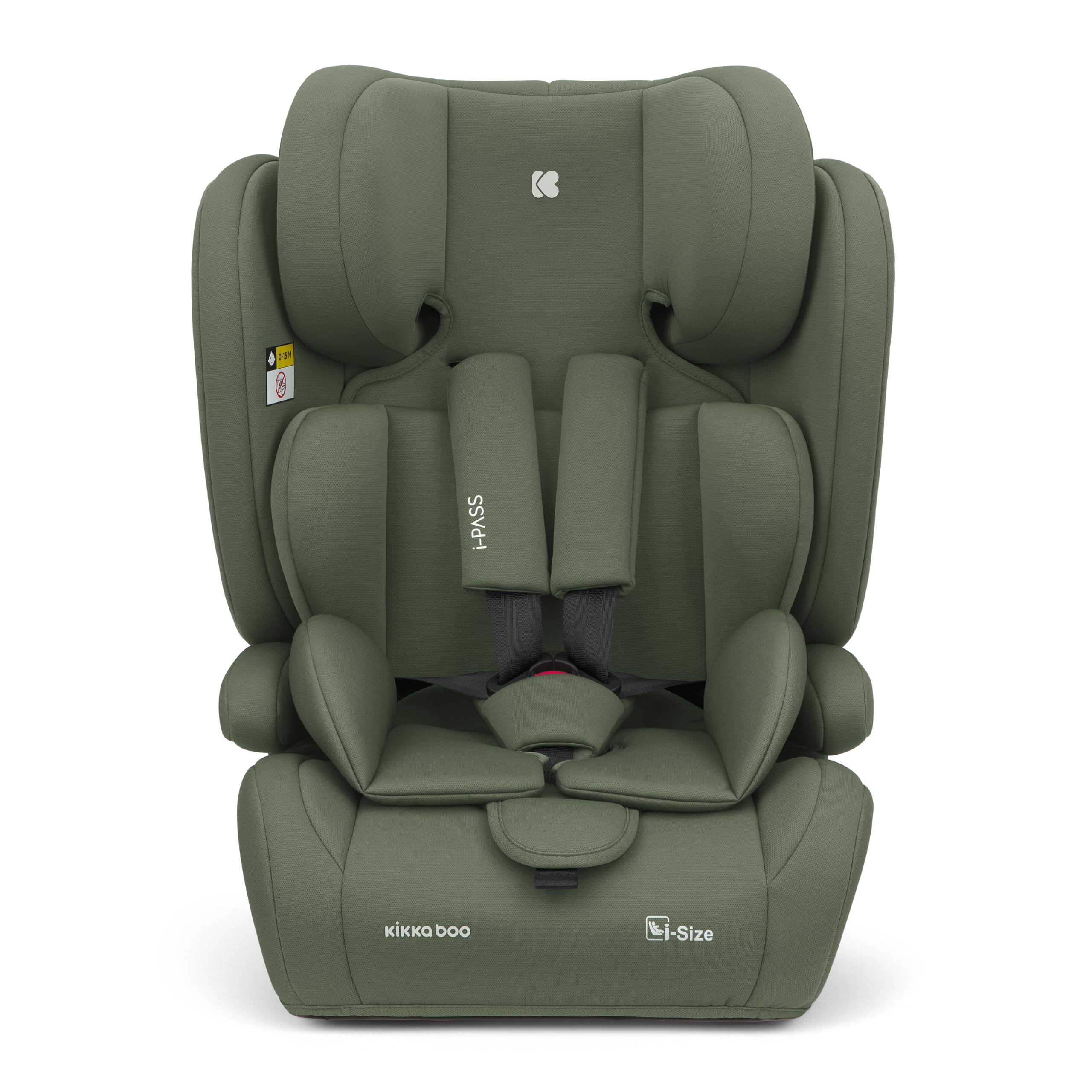 KikkaBoo i-PASS Seggiolino auto 9-36 kg senza ISOFIX, Gruppo 1 2 3 per bambini da 15 mesi a 12 anni, i-Size, altezza 76-150 cm, poggiatesta regolabile a 13 posizioni, Verde militare
