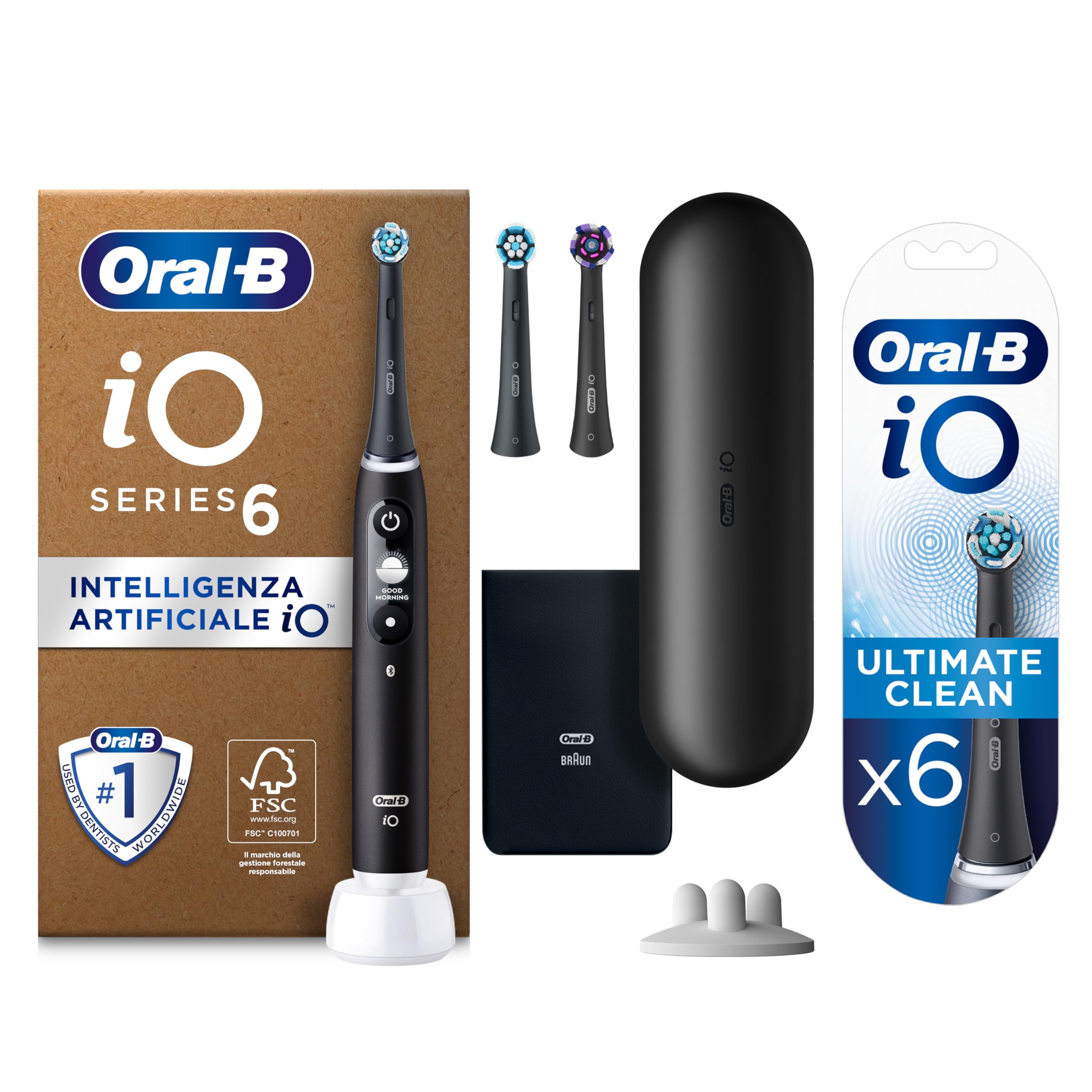 Oral-B Spazzolino Elettrico iO6 e Ultimate Clean Testine Spazzolino Elettrico, 3+6 Testine, 1 Spazzolino, Sensore di Pressione, Display Interattivo, Custodia da Viaggio, Nero, Idea Regalo