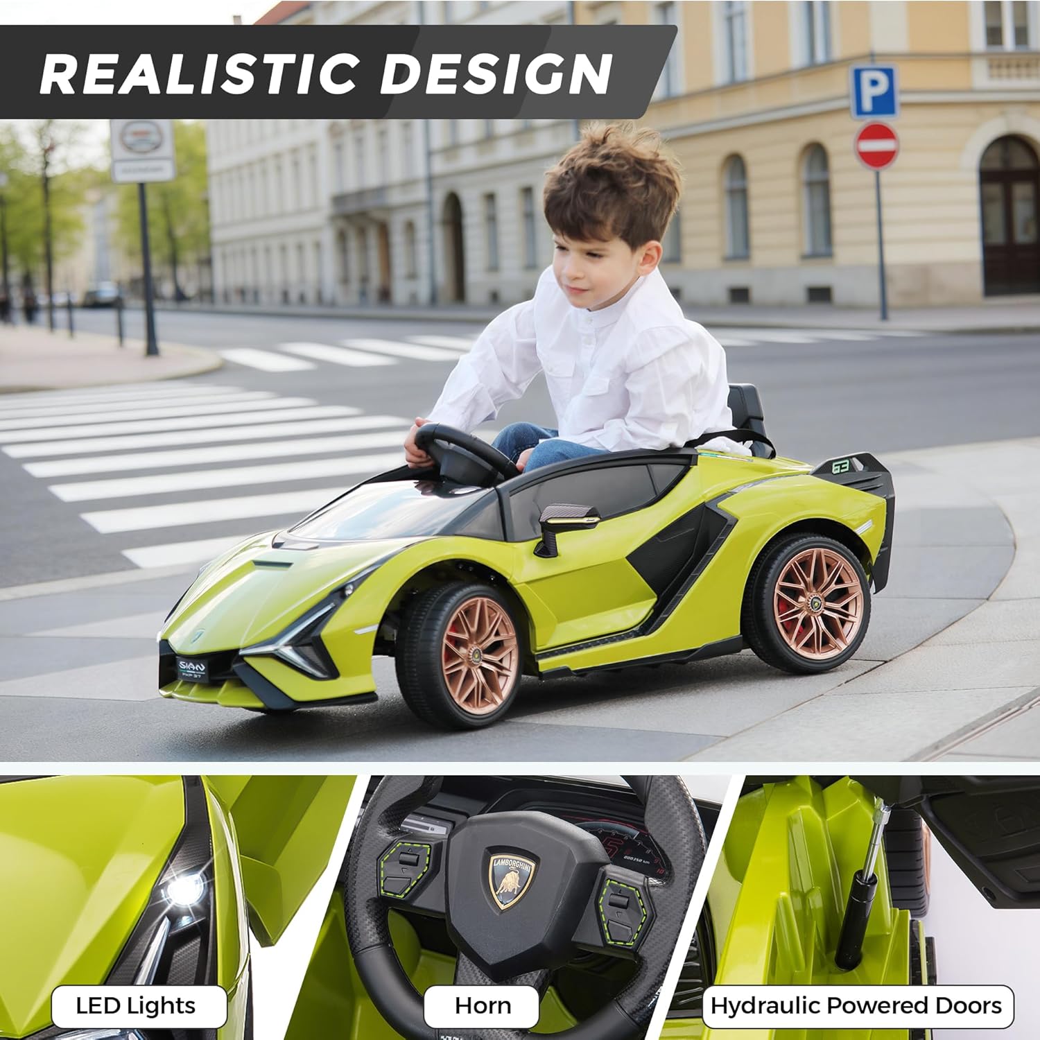 TOBBI 12V Kids Electric Ride On Car, Licensed Lamborghini SIAN Parente Remote Control Toy Toddler Battery Powered 4 Wheeler Vehicle to Drive with Safety Belt/Horn & LED Lights for Children 1-6-Green