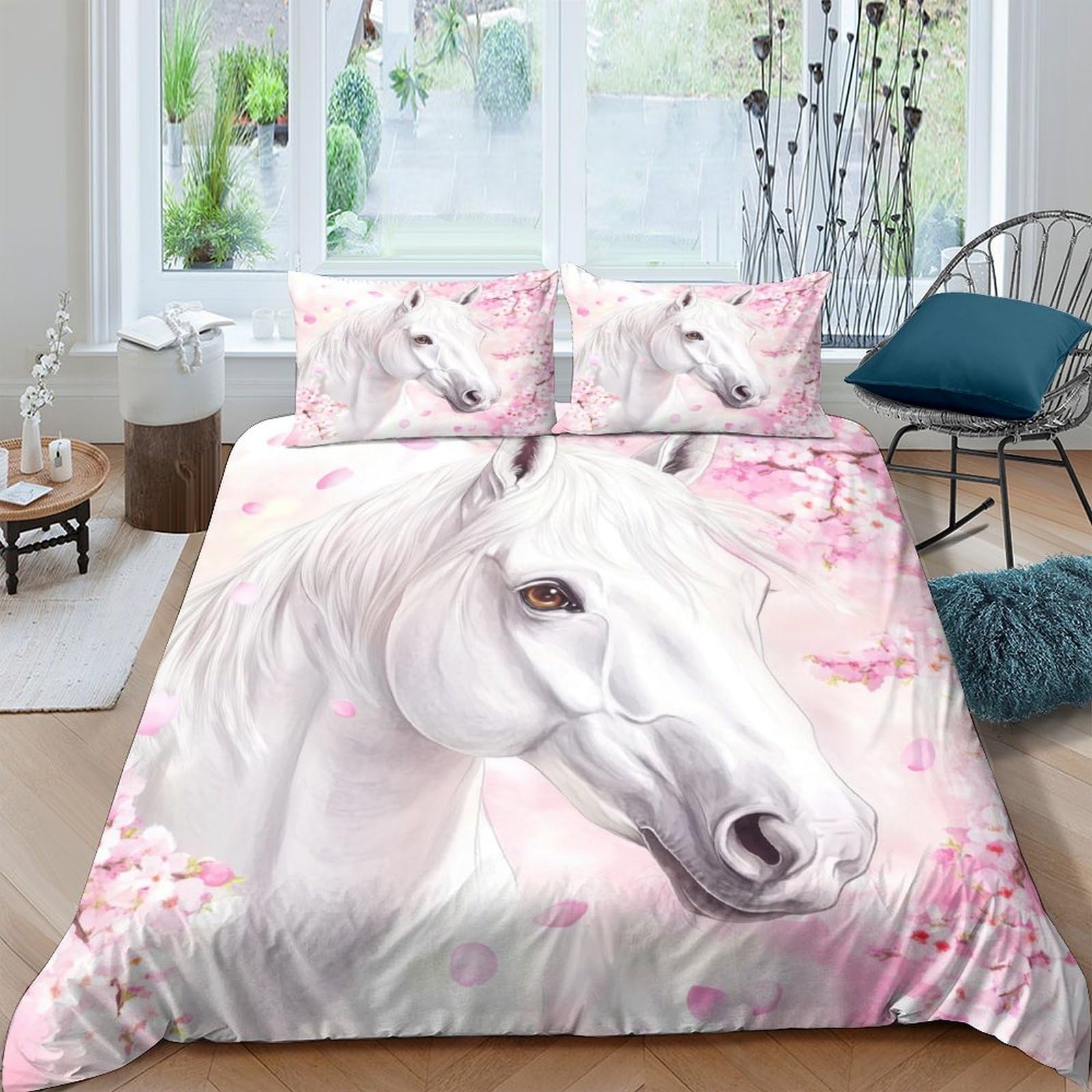 Housse de couette cheval blanc 3 pièces parure lit microfibre 220x240 fantaisie