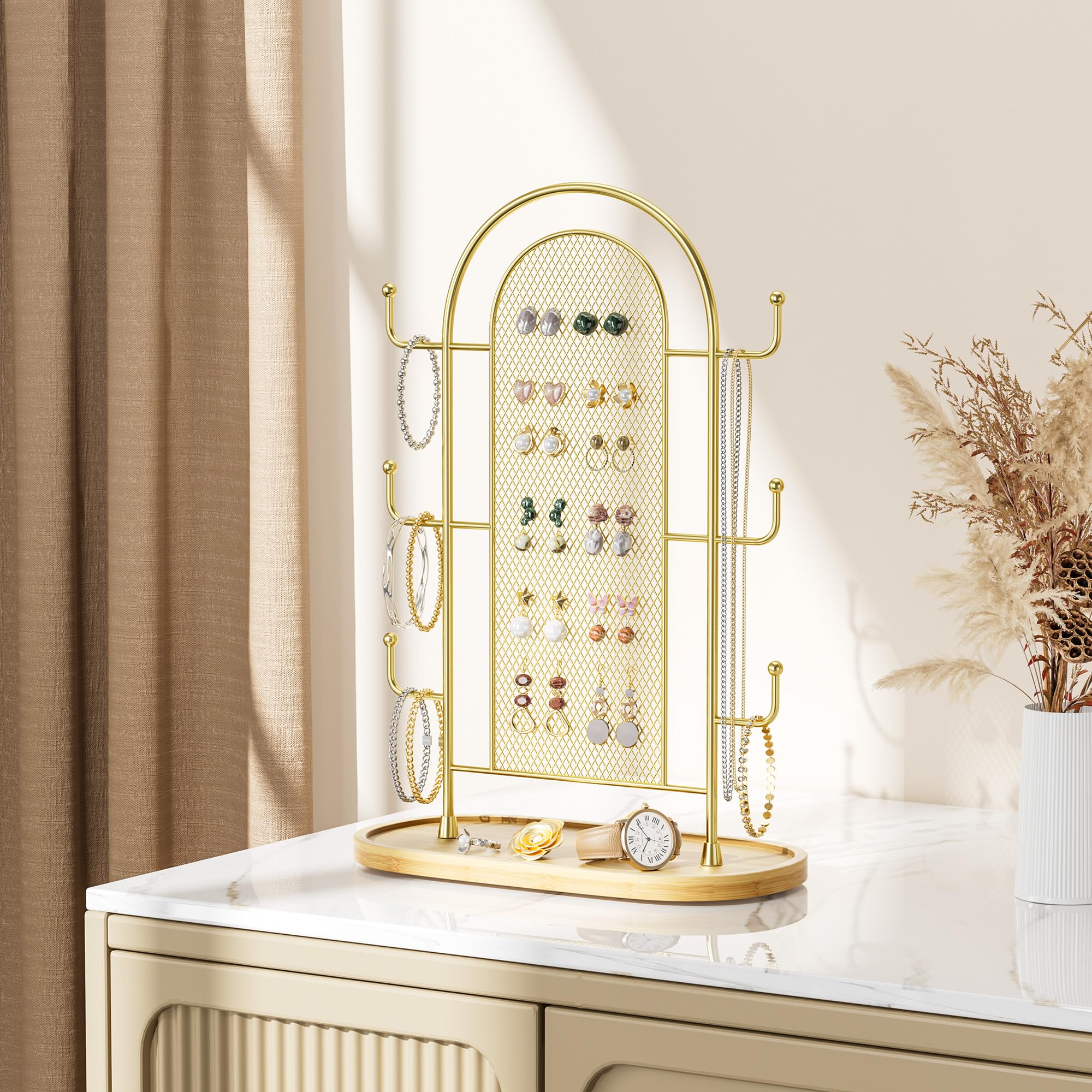 Bussdis Jewelry Holder Organizer Stand - Gold Metal Tree With 300 Earring Holes & 6 Hooks, Wooden Tray Base - View #12
