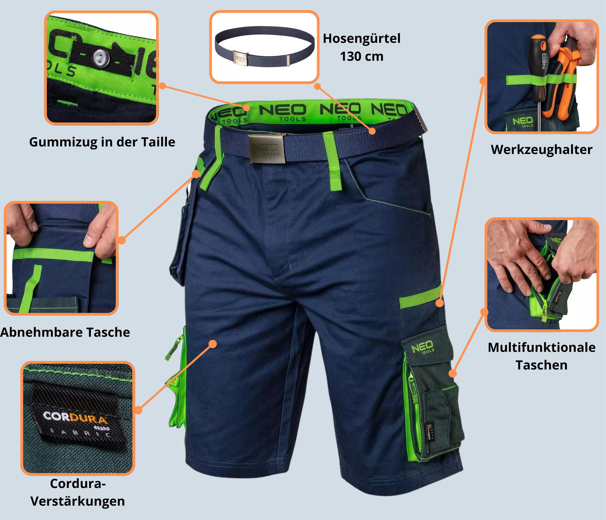 NEO TOOLS Kurze Arbeitshose Herren mit Arbeitsgürtel & Schutzbrille