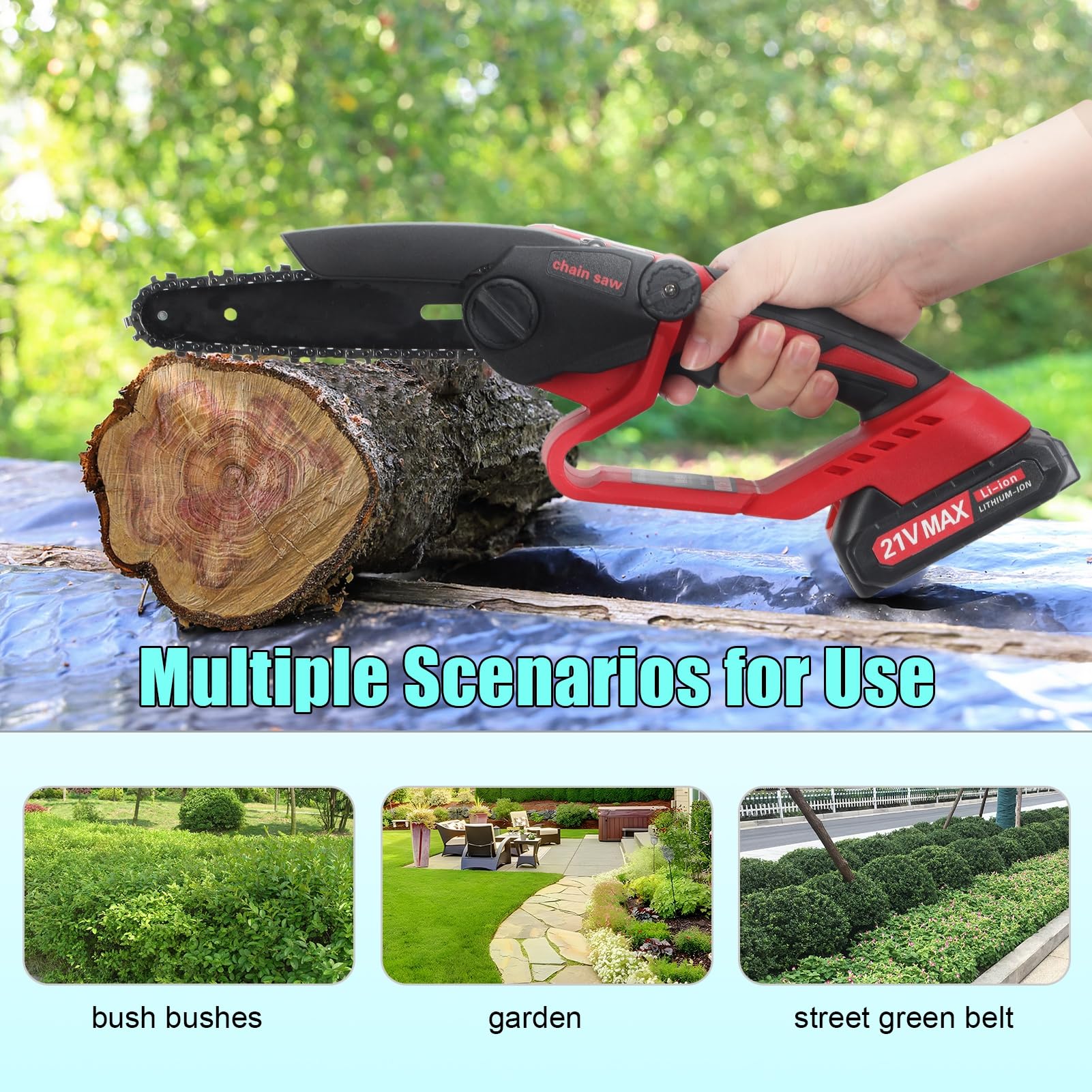 2 in 1 Mini Tronçonneuse et Élagueur sur Perche sans Fil, Tronçonneuse Télescopique de 6 Pouces, 2 Batteries, 180° Tête Inclinable, Portée 12 FT