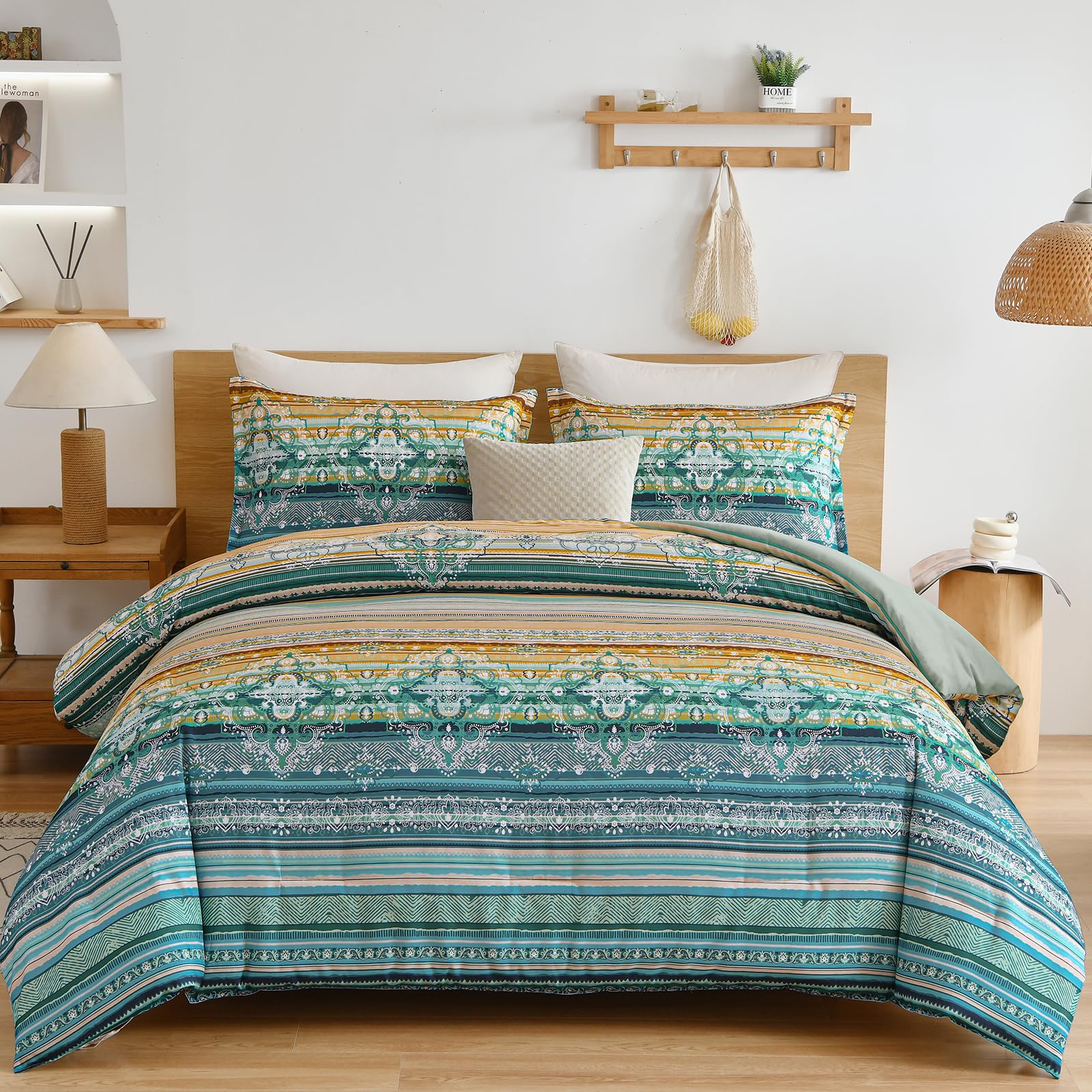Goodidea Boho Comforter Set King Size 3 Piece Green Yellow Bohemian Striped Comforter Soft Lightweight Microfiber Bedding Set for All Season (King, 104"X90")