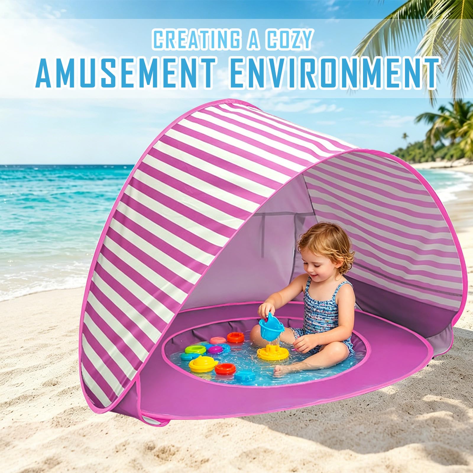 Tienda de campaña para la playa para bebés con piscina, tienda de campaña portátil con minipiscina separable, protección UV, ideal para playa, jardín y camping (rayas rosas)