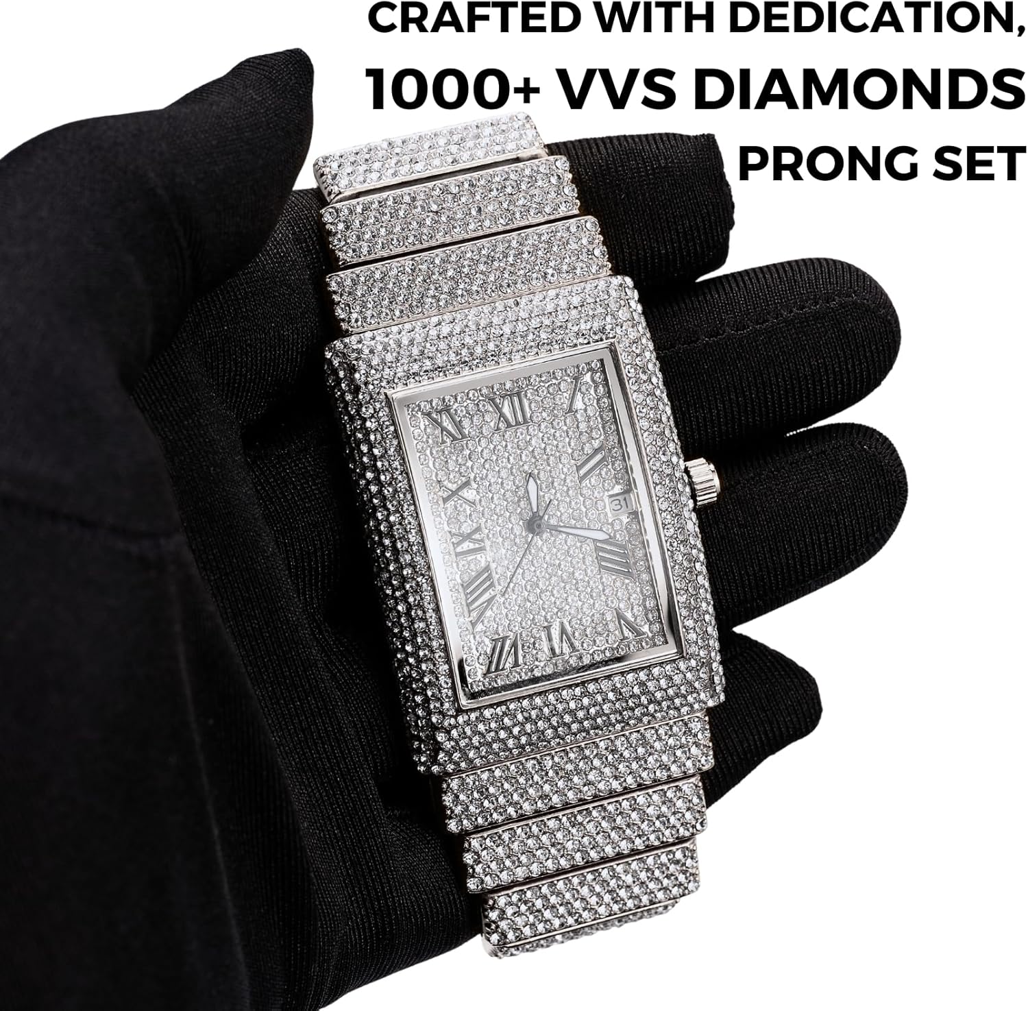 Halukakah Watch for Men - Moissanite Diamond Iced Out - Luxury 18k Real Gold/Platinum White Gold Plated,Japanese Quartz,45*35mm Rectangle Dial with Calendar,Heavy-Made,8" Wristband -Comes with Giftbox