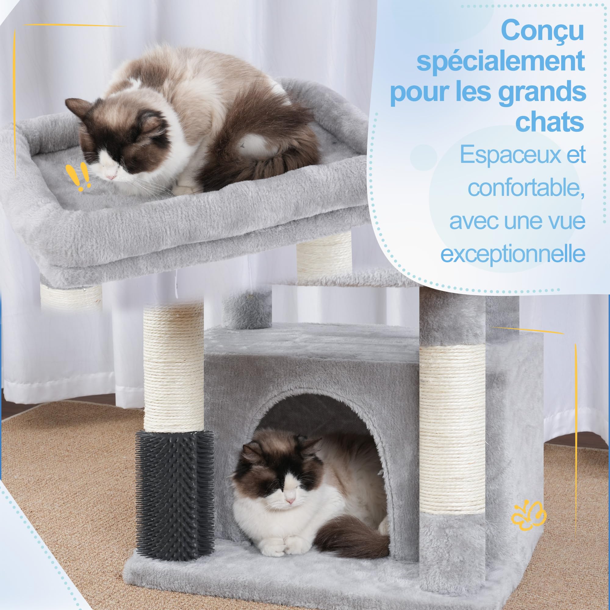 Hey-brother Arbre à Chat, Tour de Jeux pour Chats spécifique pour Les Chats Grands et Les Maine Coon, avec 2 Grandes Plateformes, 2 hamacs, Un Grand Niche Un Peigne à toilettage, Gris Clair MPJ070W