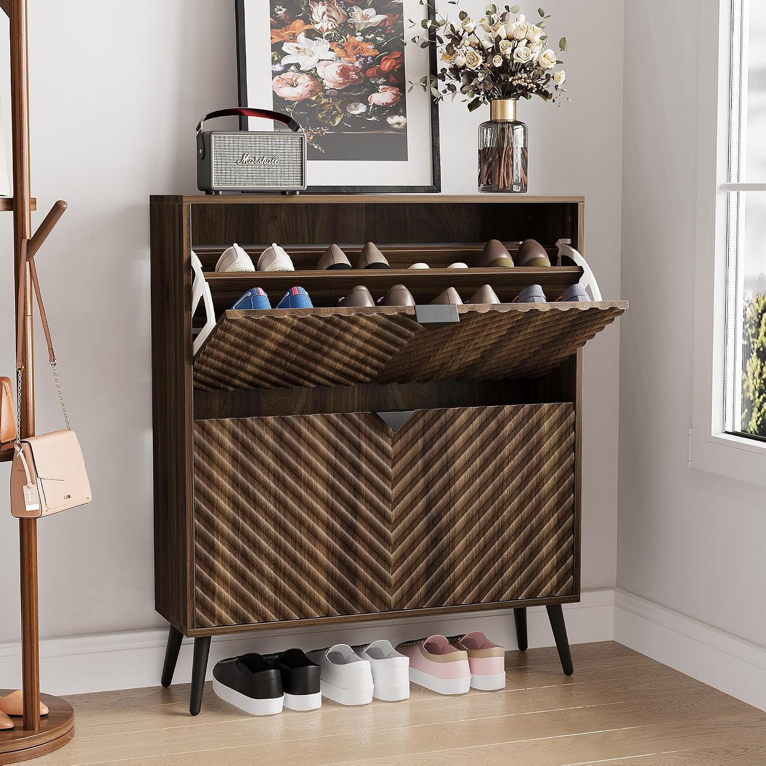 Semiocthome 31.5" Shoe Storage Cabinet with 2 Flip Drawers, Walnut