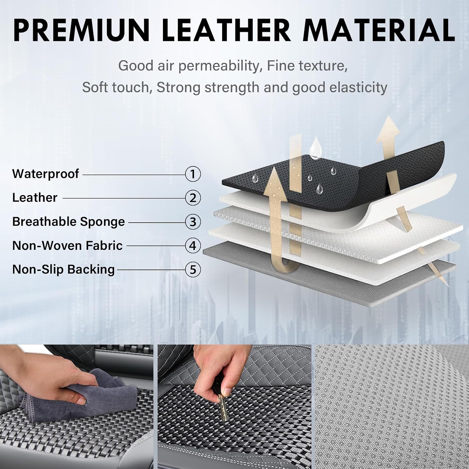 Coverado Seat Covers Full Set, 5 Seats Universal Seat Covers for Cars, Gray Car Seat Covers Front Seats Back Seat Cover, Breathable Car Seat Cushion, Leather Seat Cover Seat Protector Fit Most Cars