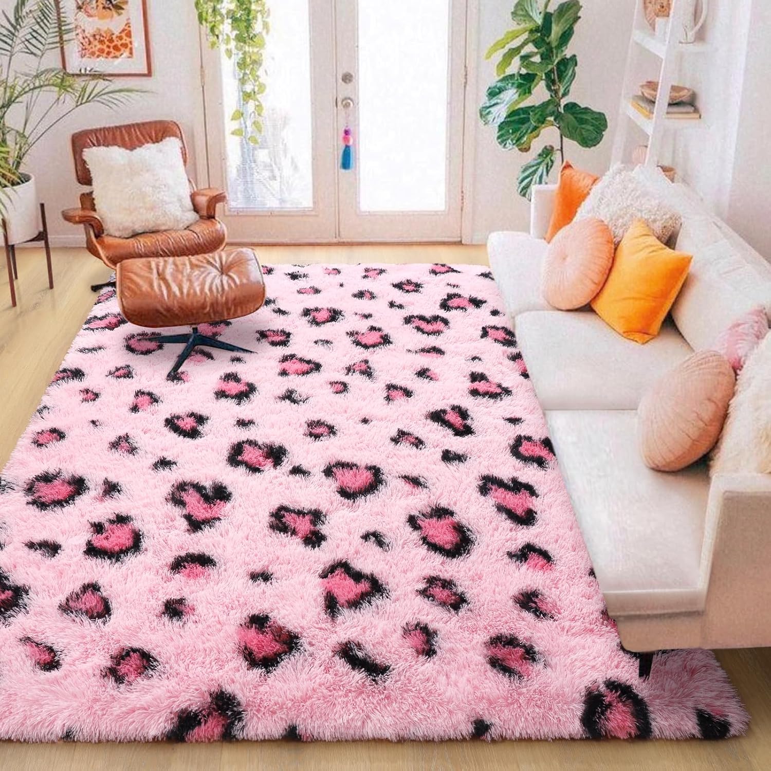 HOMORE Leopard Print Rugs, 4x6 Feet Pink Leopard Rug for Girls Bedroom, Soft Cheetah Print Rugs for Living Room Western Decor, Modern Indoor Fluffy Area Rug for Kids Nursery Dorm Decor