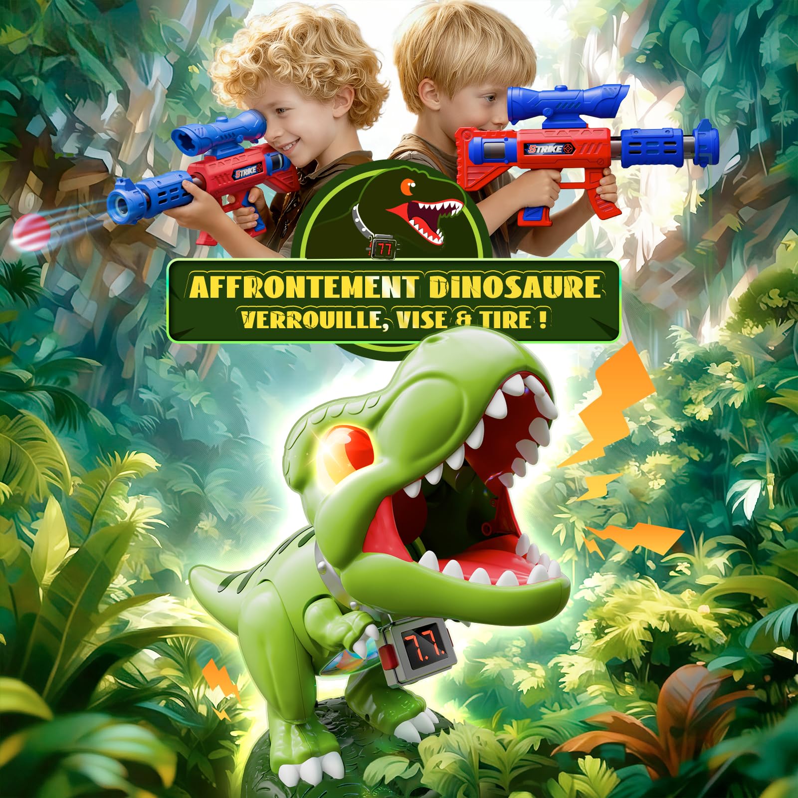 Jouet de tir de Dinosaure Enfant Mobile! Jeux Garcon 3-10 Ans, 2 Pistolets à Pompe à Air avec Lunette, Balles, Score LED, Rugissant, Yeux Ventre Brillants, Noël Cadeau garçon 3 4 5 6 7 8 9 10 11 Ans