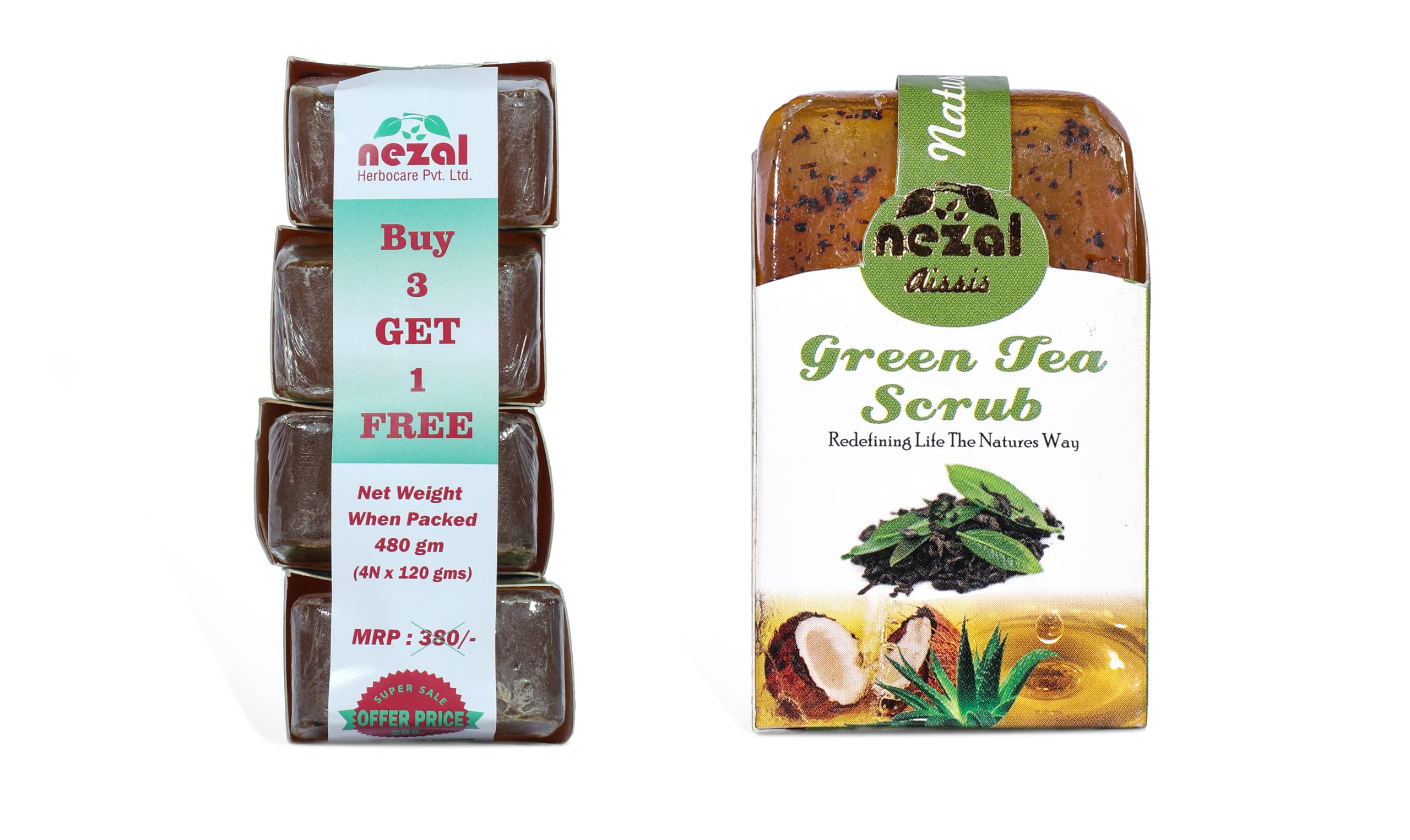 Nezal Herbal Green Tea Scrub Soap (Aissis),BUY 3 GET 1 FREE(PACK OF 4,Each 120 gms)