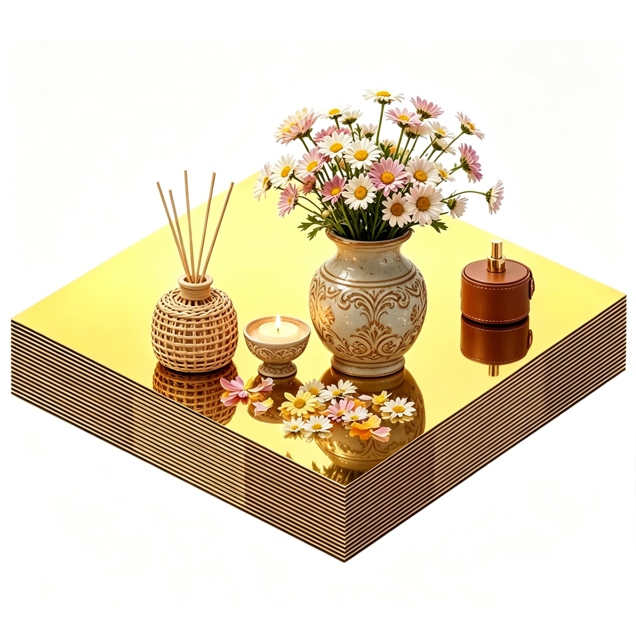 Bandejas cuadradas planas de acrílico dorado irrompibles para base de velas de cena