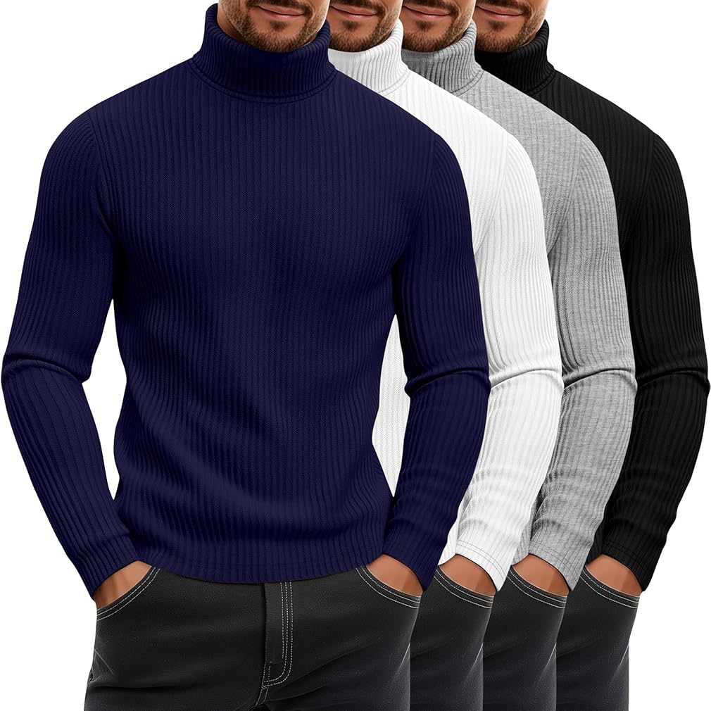 4 Pack Men's Ribbed Turtleneck Shirts, Cotton Long Sleeve Slim Fit Mock Neck Tops Lightweight Pullover Sweaters