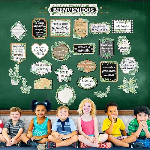 Miniatura 4 de Pasimy 24 carteles inspiradores en español Bienvenidos para el aula, carteles motivacionales de eucalipto, juego de tablones de anuncios para