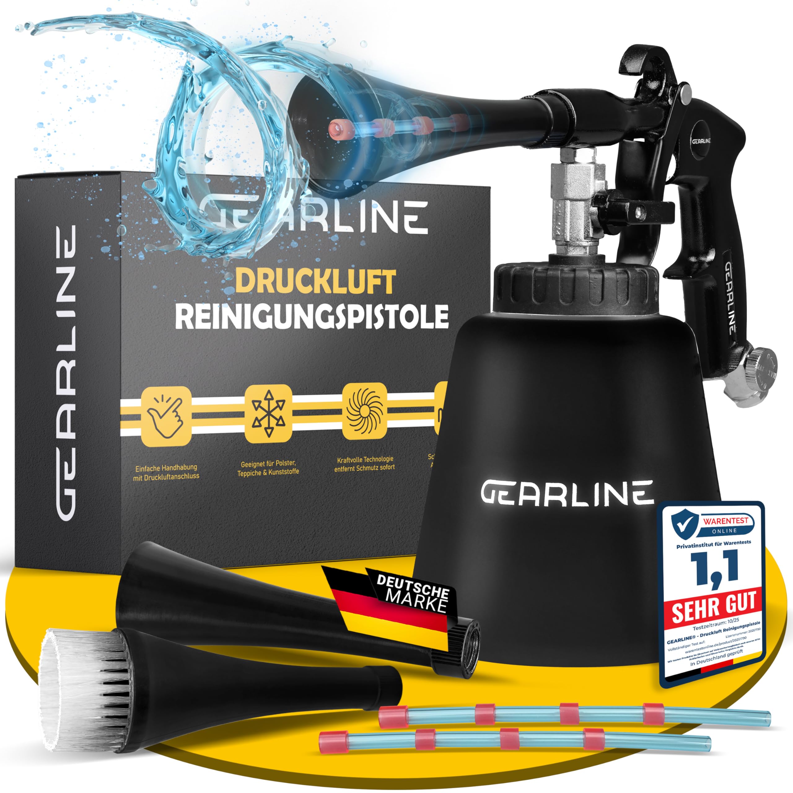 GEARLINE® Druckluft Reinigungspistole [mit Wirbelstrahl-Technik] - effektive Luftdruckpistole für Autoreinigung & mehr - All-in-One-Set mit Druckluftpistole, Wassertank & 2 Düsen-Aufsätzen