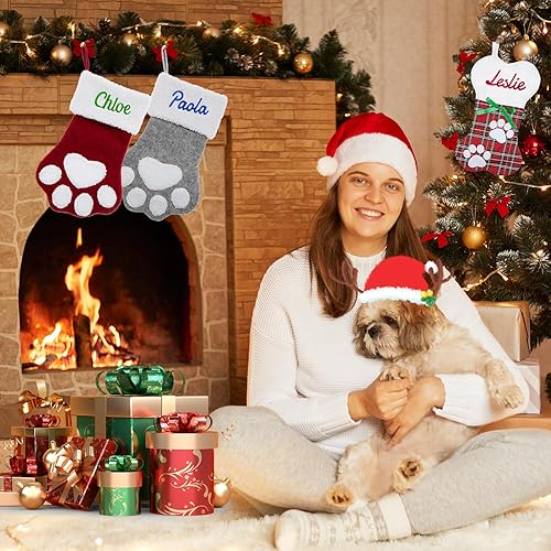 Miniatura 7 de Calcetines de Navidad personalizados para perros y gatos, calcetines de Navidad con nombre bordado personalizado con forma de pata de mascota o