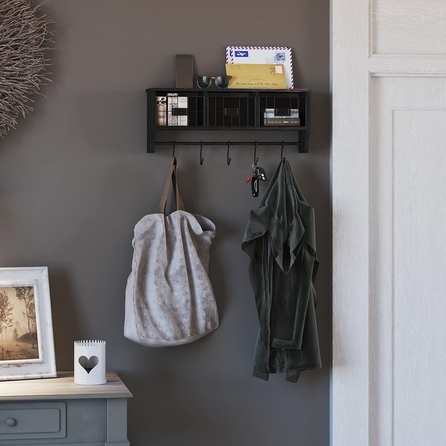 Merrick Lane Enid Wall Mount Storage Rack - Blackwashed Pine Wood - 24" Wide - Upper Shelf - 5 Hooks - Wire Baskets - For Entryway, Kitchen, Bathroom