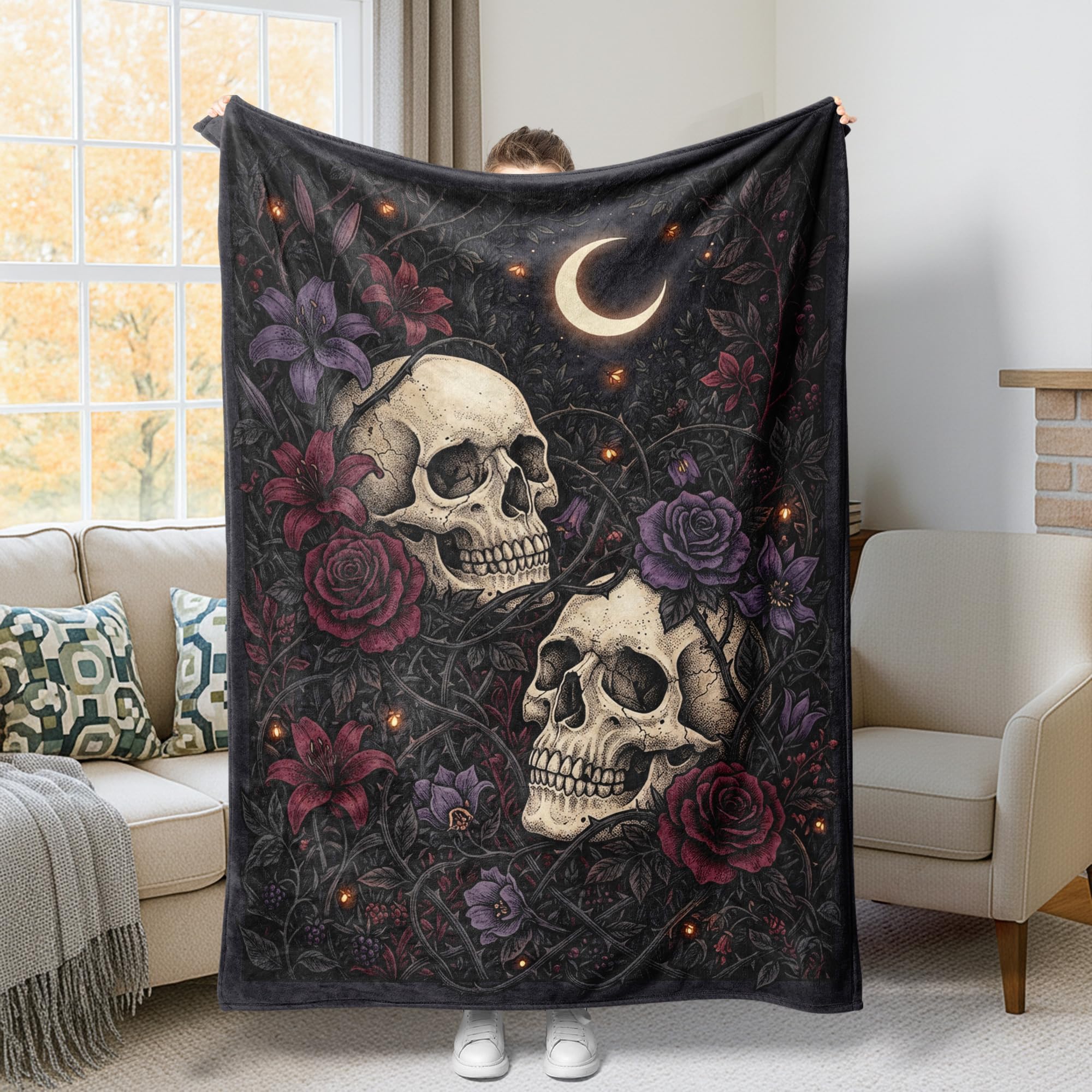 Couverture en polaire tête de mort et lys noirs 152x203 cm