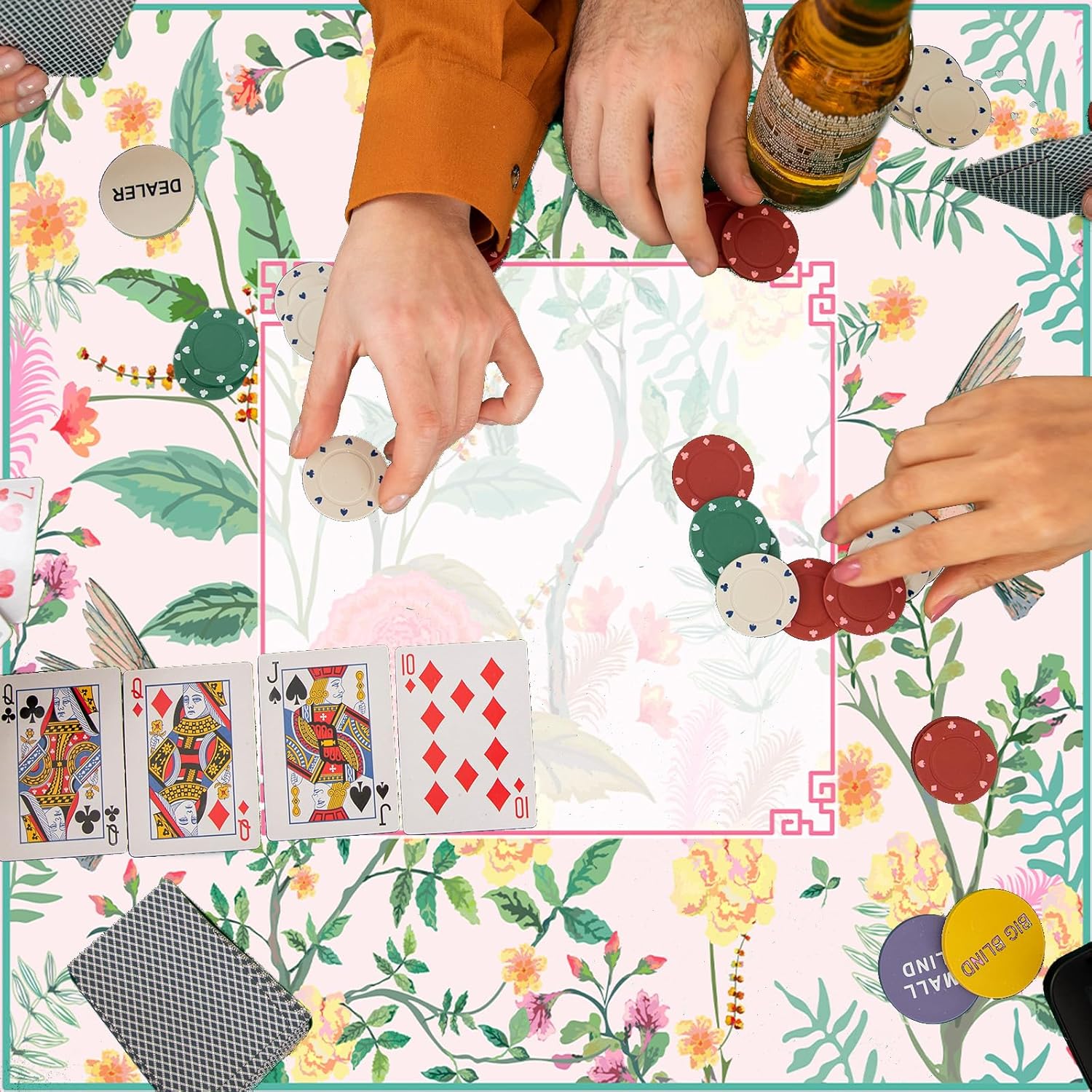 FYSUIMUC Pink Bird Floral Mahjong Mat with Carrying Bag 31.5" x 31.5" Table Mat Vintage Chinoiserie Flower Non-Slip Game Table Cover for Card Board Tile Games