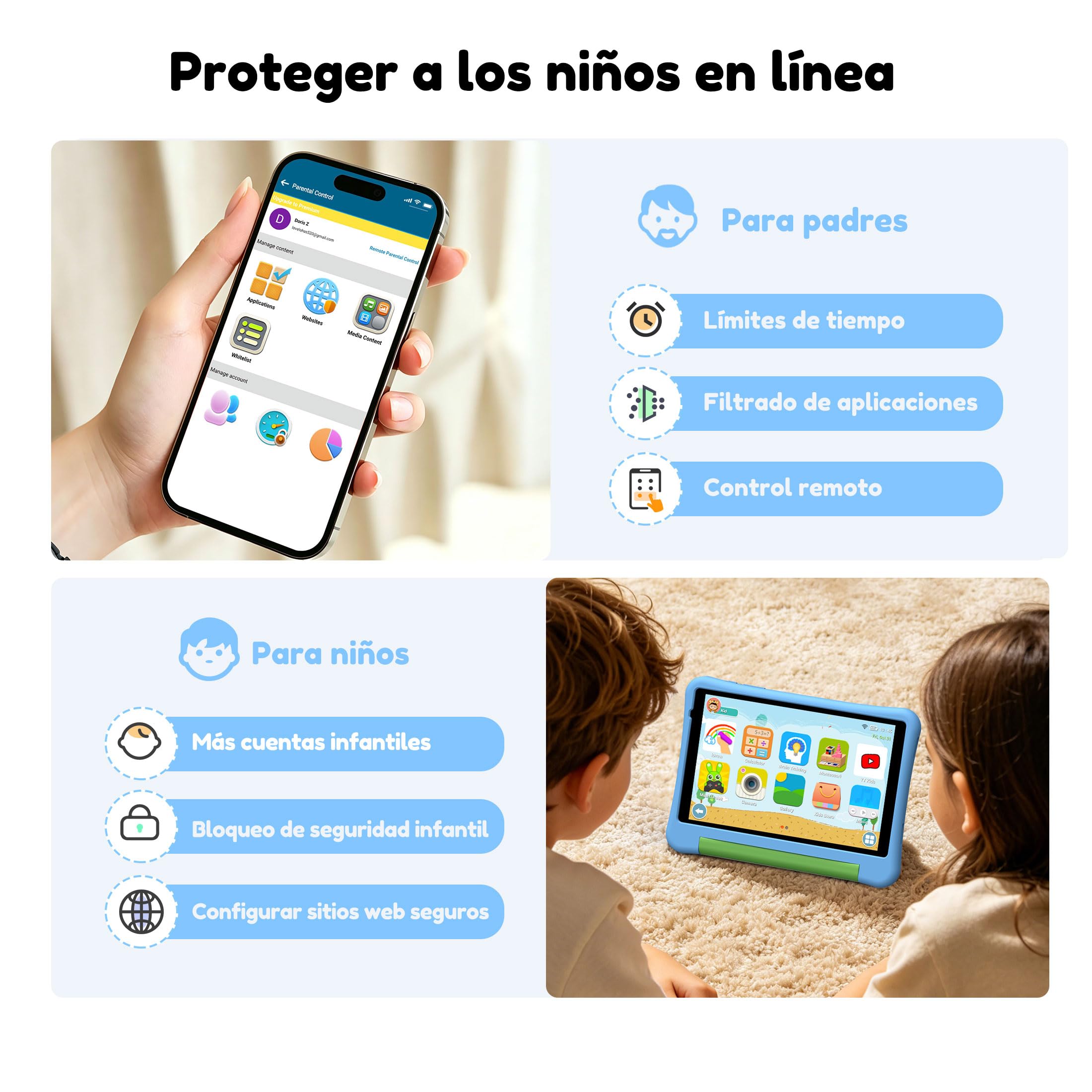 ALLDOCUBE Tablet para Niños 8 Pulgadas,Tablet Infantil con Android 15,5000mAh,32GB ROM,1280×800, WiFi,Control Parental,Tableta educativa para niños con Funda,Azul