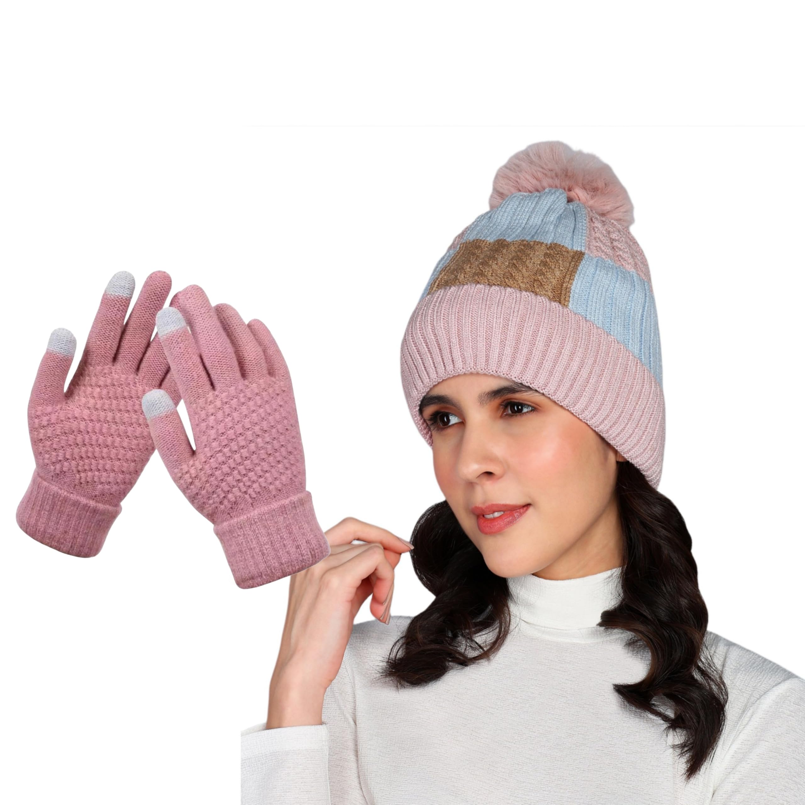 Winter Cap for Women | Women Winter Cap | Cute Check Design Woolen Beanie Double Layer (Soft Warm Cotton Fur Inside) Faux Lovely Pompom on The top Beanie for Women, Girls-image-0