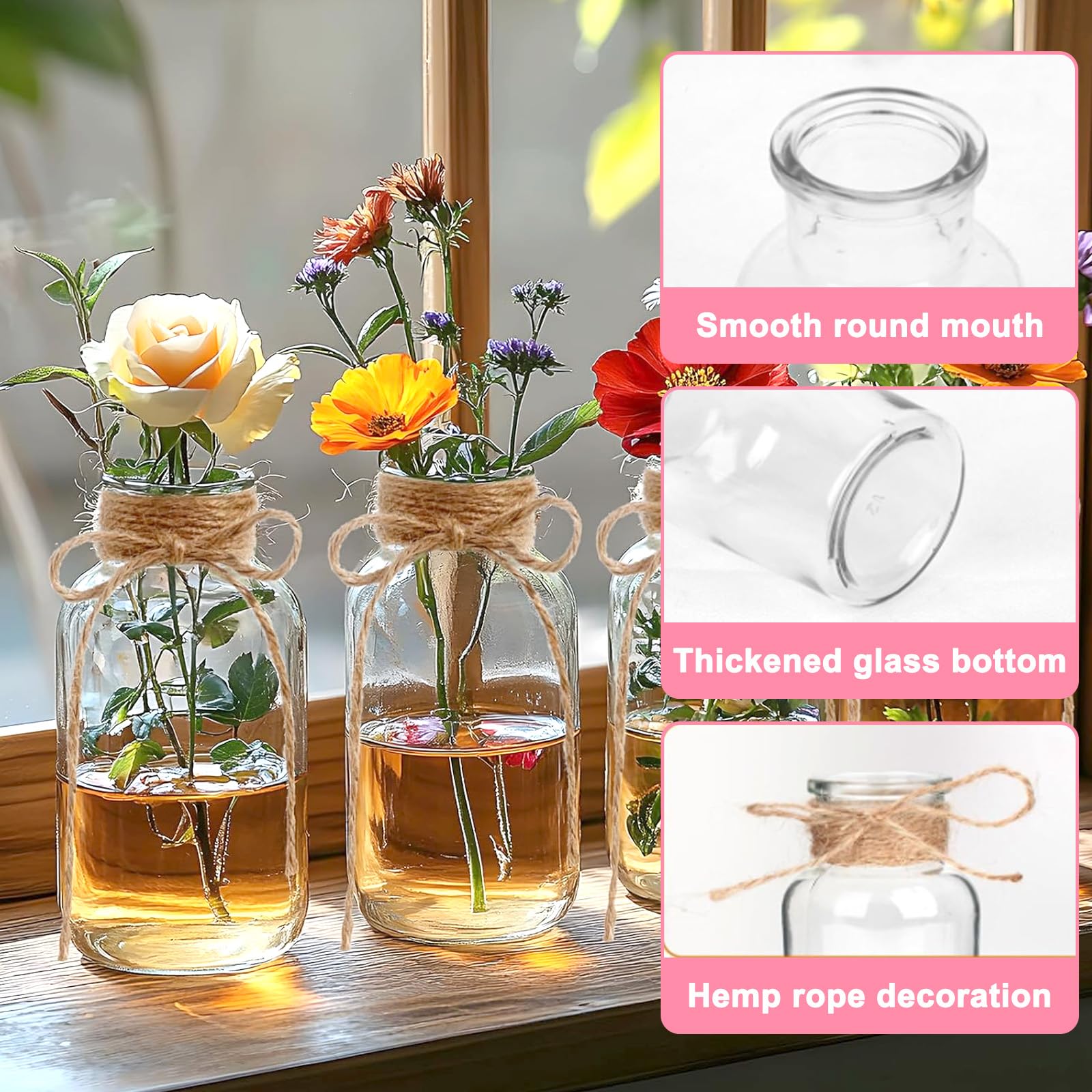 12 Piezas Jarrones Cristal 125ml con Cuerda Yute 5M, Botellas para Flores Pequeñas Transparentes, Jarrón Decoración Mesa Mini, Floreros Decorativos Modernos para Hogar, Boda, Jardín, Cumpleaños Fiesta
