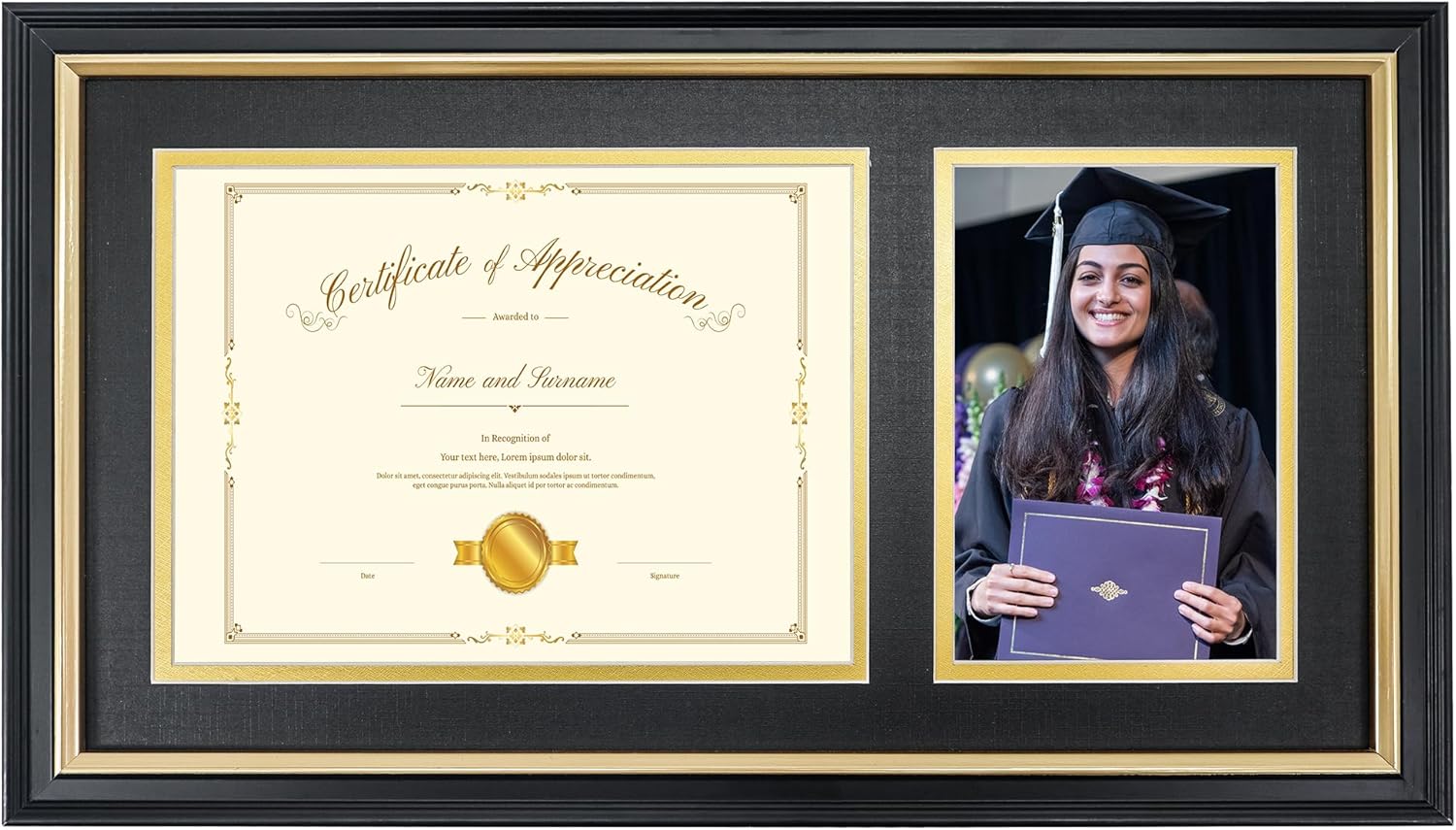 9x16 Diploma Frame Fits 6x8 Certificates and 4x6 Pictures/Photos,Solid Wood Frame with Black and Gold Mat,Graduation Picture Frame for Wall Display with Shatter Resistant Glass