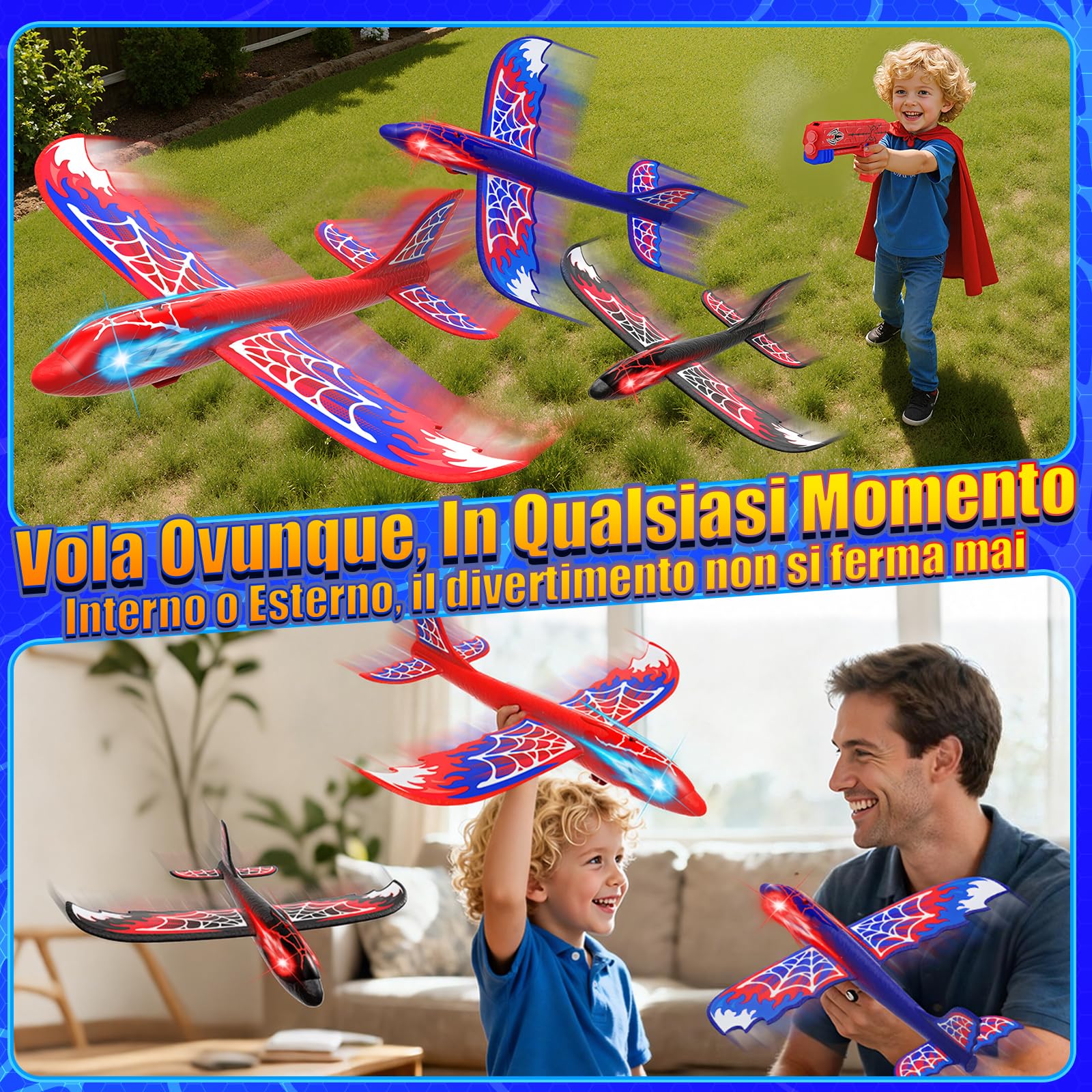 Aereo Giocattolo Lanciatore con 3 Aerei in Polistirolo, Occhi Luminosi e Ali Ragnatela Stile S-pider,Giocattolo da Esterno Bambini 3 4 5 6 7 8 9 Anni,Regalo Bambini 3-12 Anni Maschio Compleanno Natale
