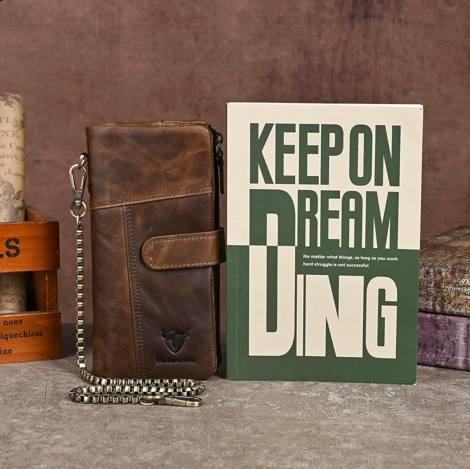 Genuine Crazy Horse Leather Travel Gift Coin Pocket Card Case Long Organizer Chain Rfid Wallet Purse With Snap For Men Male 1803 1815 (1803 Light Brown) - Image 4